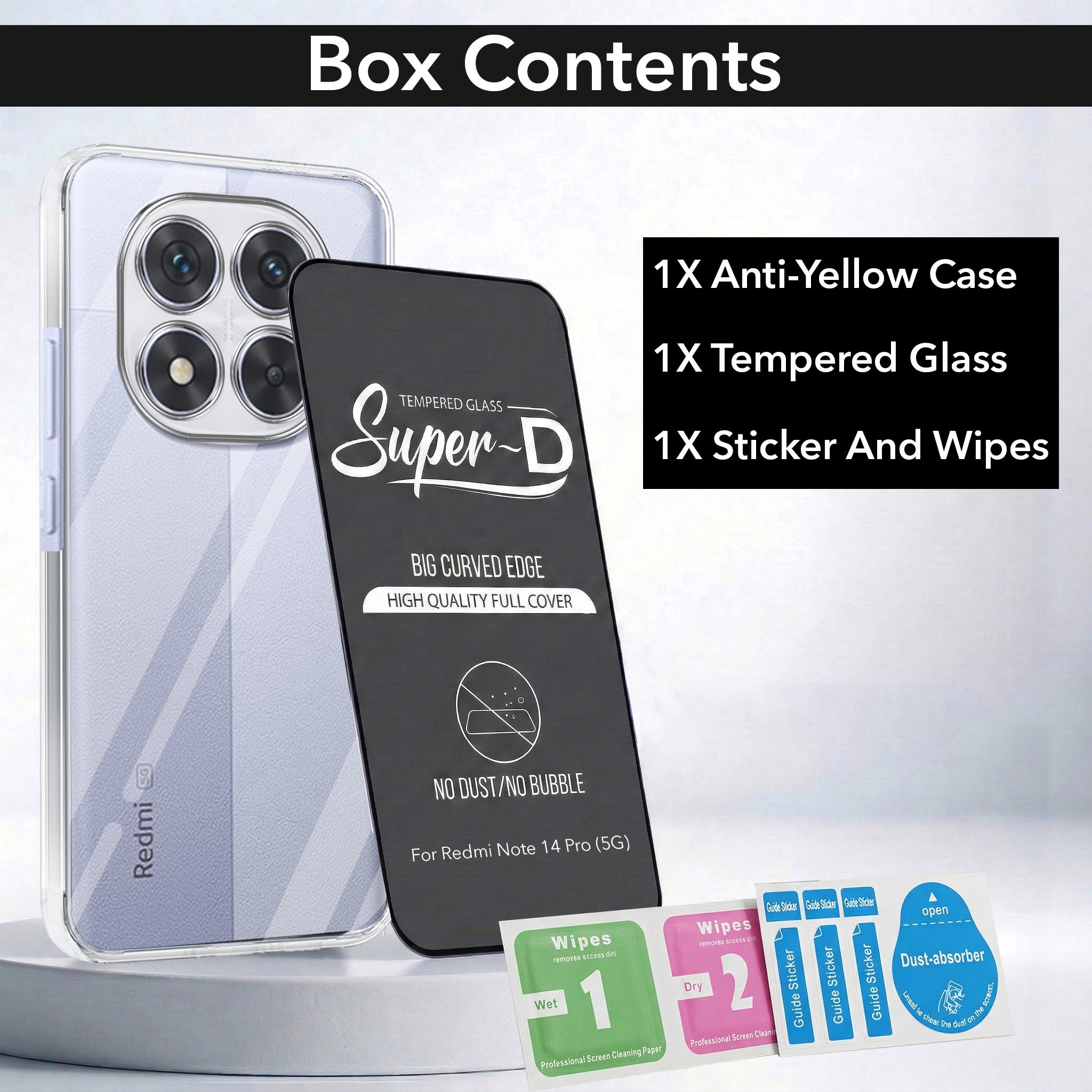 For Redmi Note 14 Pro Combo with Back Cover and 9H Tempered Glass (Lifetime Anti-Yellow | Sleek Hard Crystal | Oleophobic Coating Screen Glass)