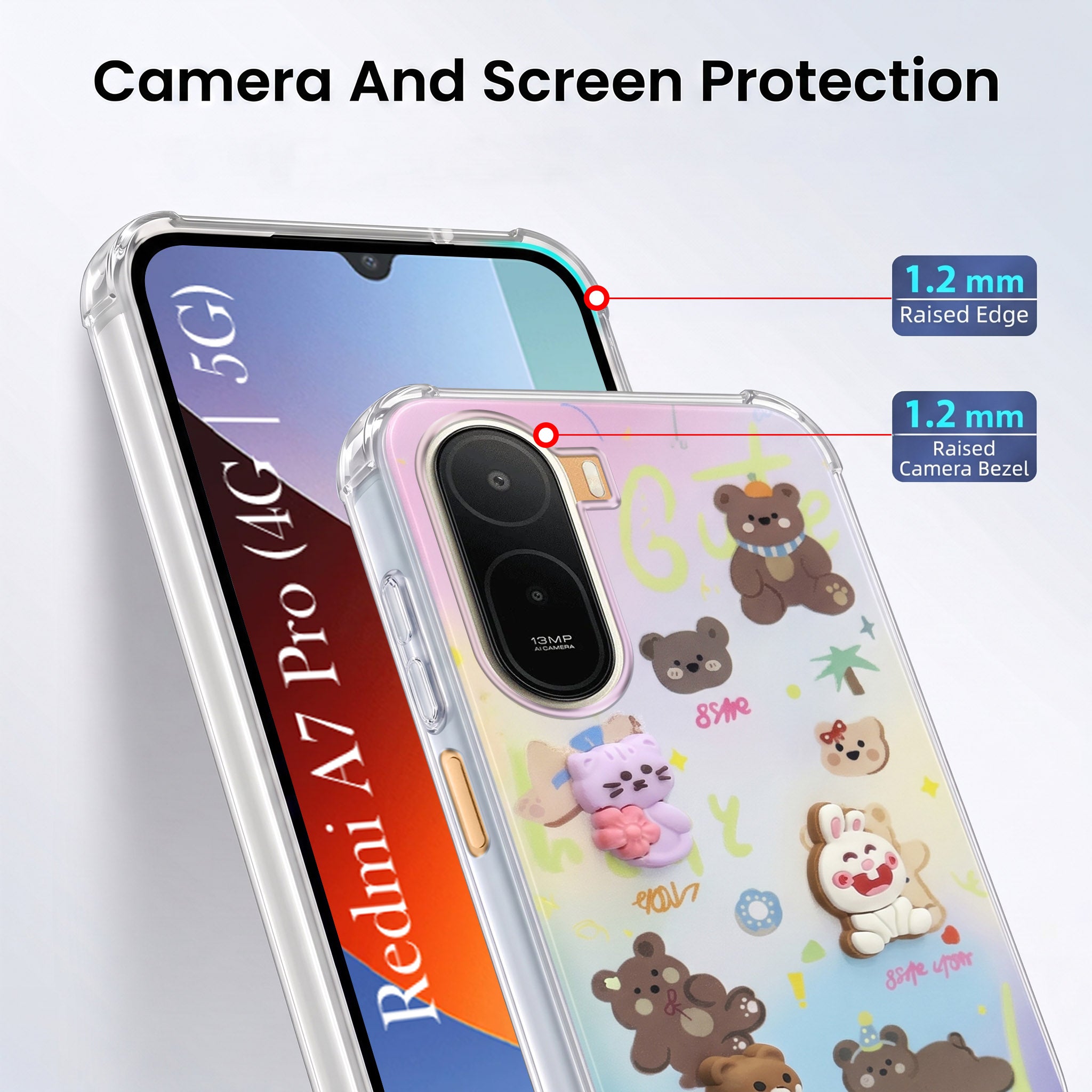 For Redmi A7 Pro 5G Back Cover Case (3D Cute Cartoons | Hard Back Side Soft | Matte Premium Finish | HD Printing)