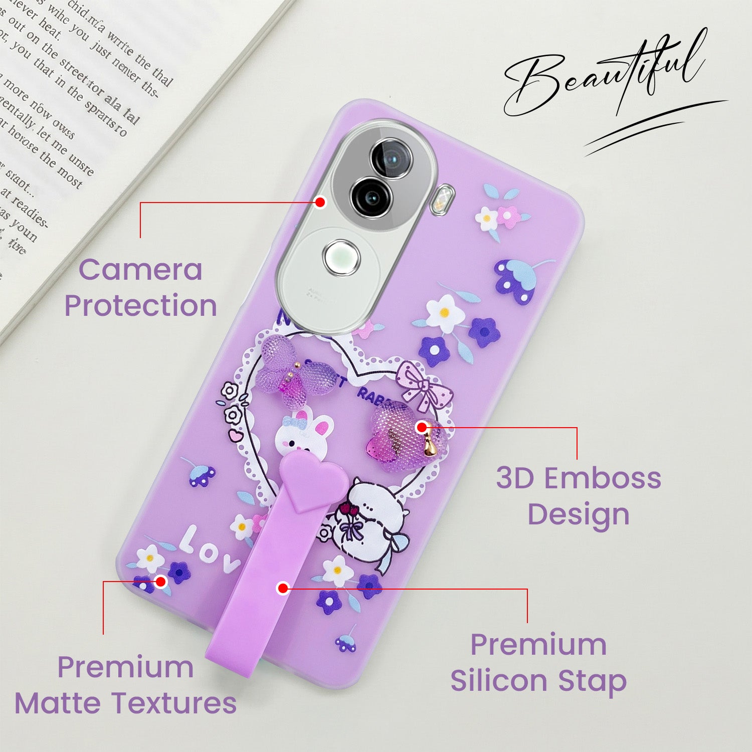 For Vivo iQOO Z9s Back Cover Case (3D Cute Heart Strap Holder | Camera Protection | Designer Girls Print)