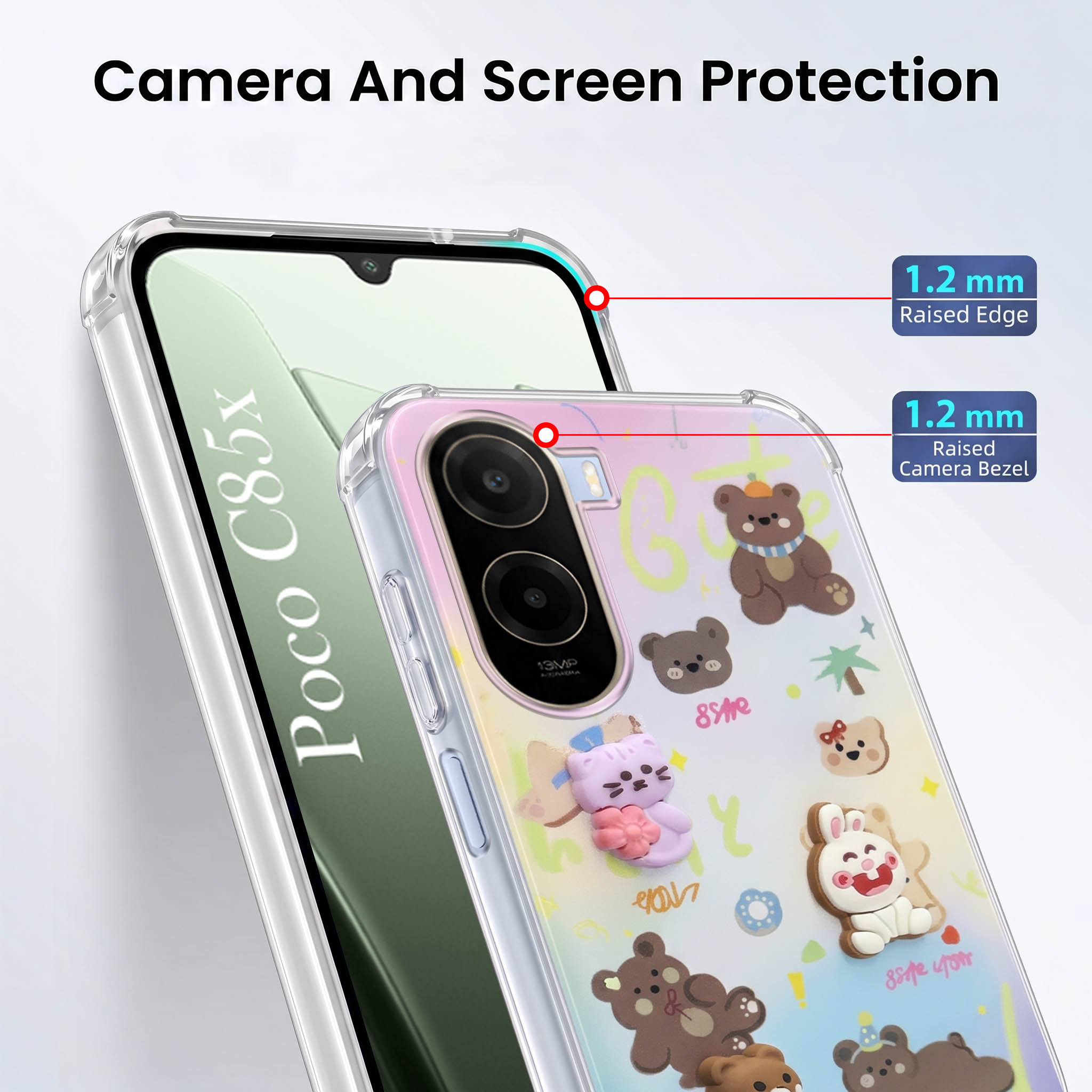 For Poco C85x 5G Back Cover Case (3D Cute Cartoons | Hard Back Side Soft | Matte Premium Finish | HD Printing)