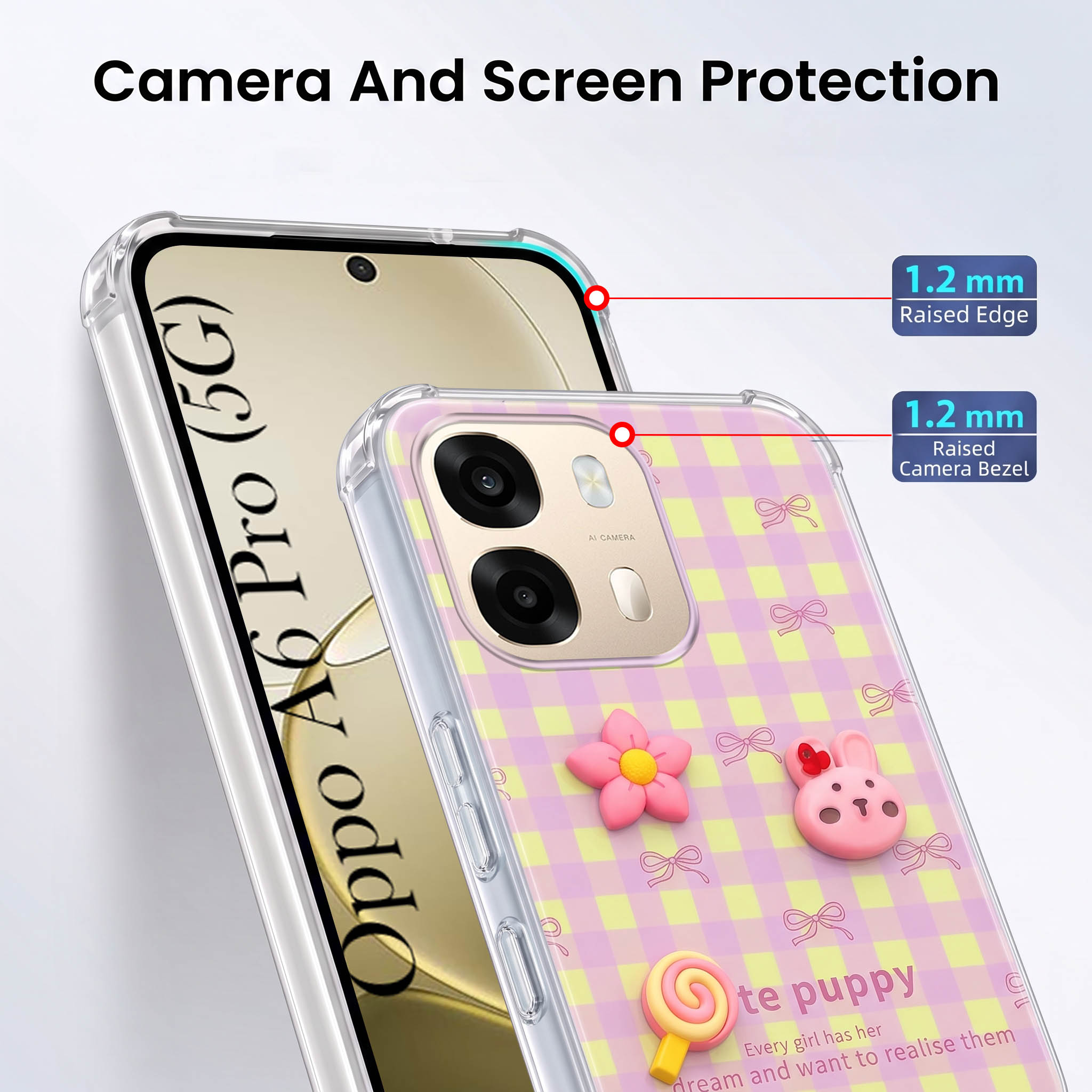 For Oppo A6 Pro Back Cover Case (3D Cute Cartoons | Hard Back Side Soft | Matte Premium Finish | HD Printing)