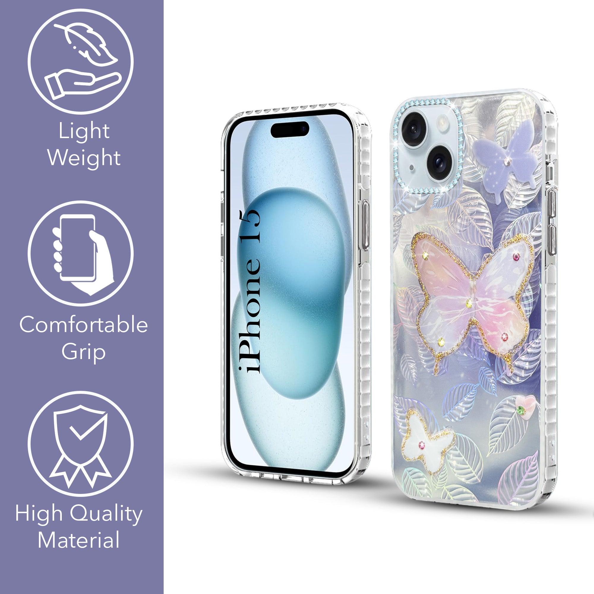 For Apple iPhone 15 Back Cover Case (Luxury Floral Glitter Cute Butterfly | Diamond Studded Camera Bump | Girls & Women Design)