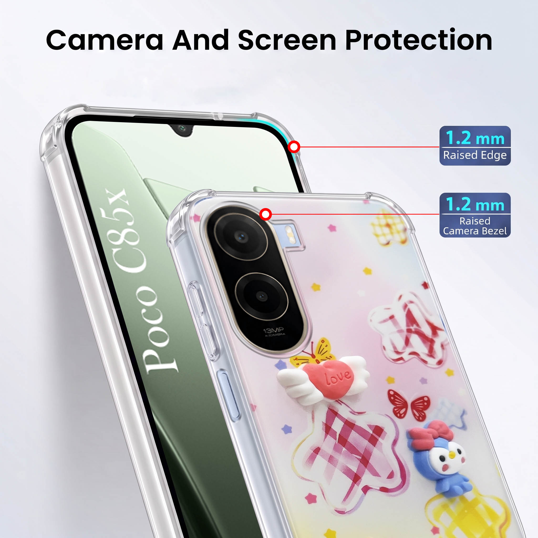 For Poco C85x 5G Back Cover Case (3D Cute Cartoons | Hard Back Side Soft | Matte Premium Finish | HD Printing)