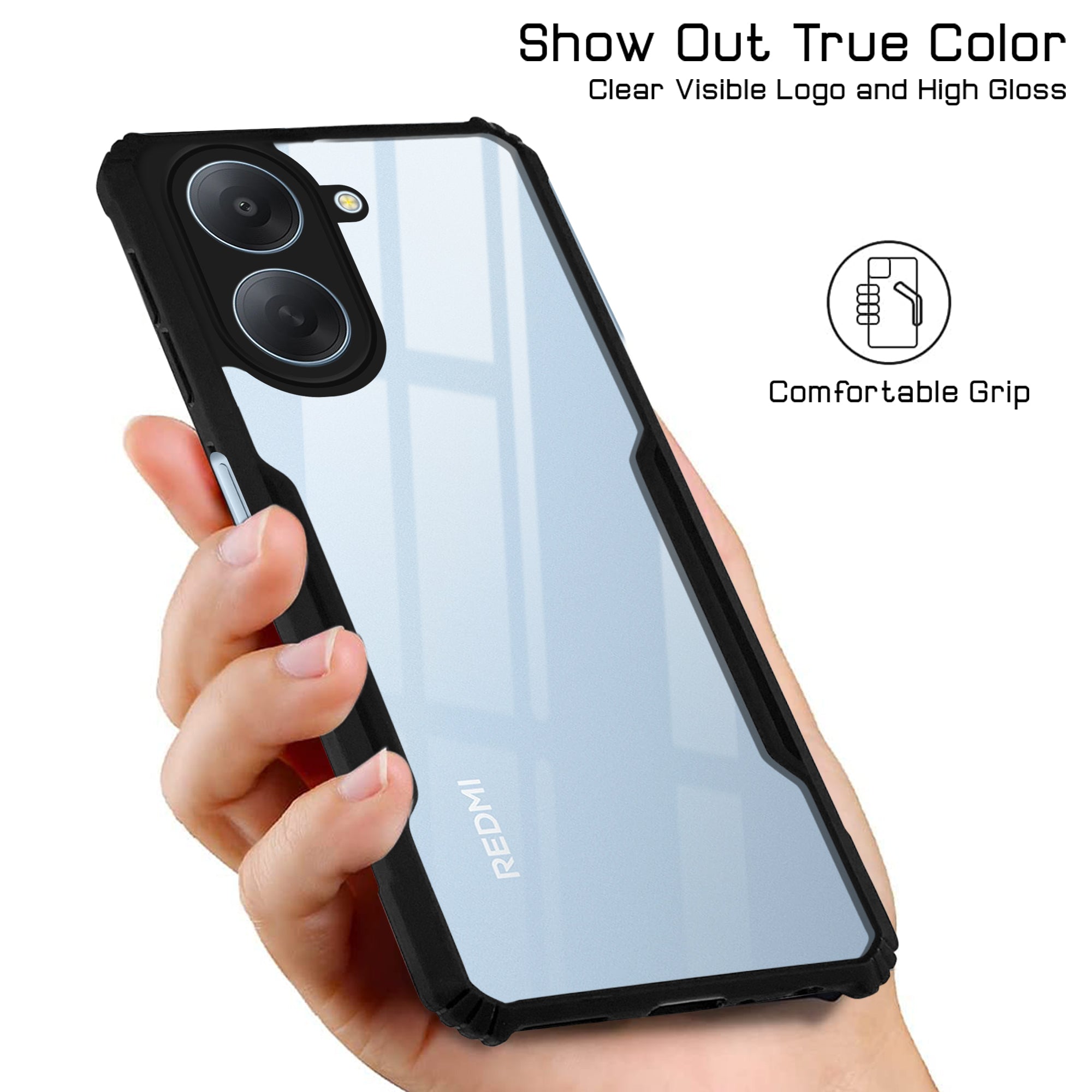 For Redmi A7 5G Back Cover Case Hybrid (Shockproof with Polycarbonate Clear Panel | Professional Black)