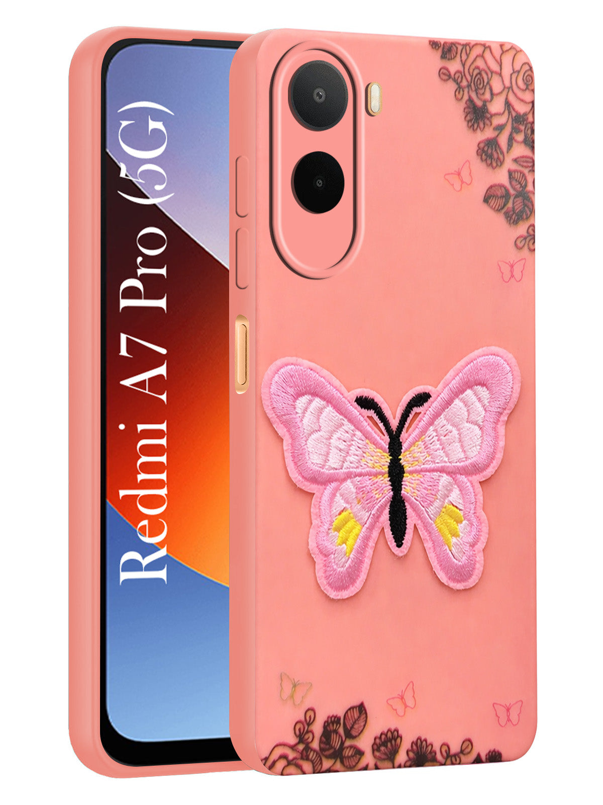 For Redmi A7 Pro 5G Back Cover Case (Soft Butterfly Embroidery | Women Teen Girls | Camera Protection| Matte Silicone)