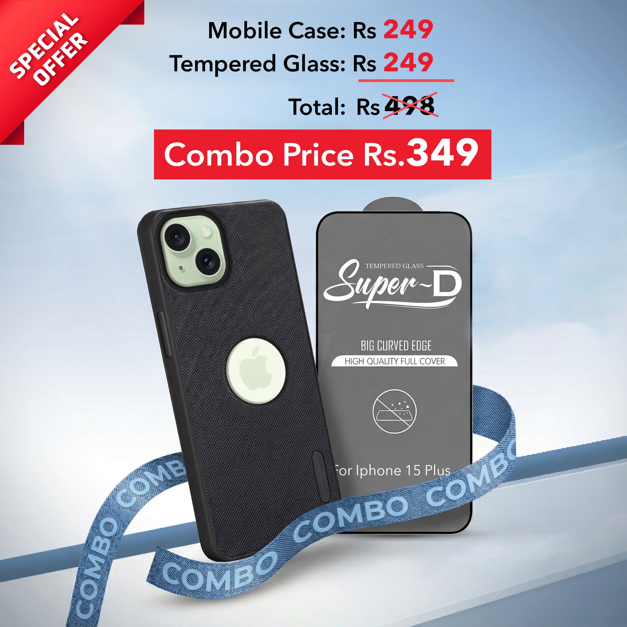 For Apple iPhone 15 Plus Combo with Back Cover and 9H Tempered Glass (Textured Grip Design | Micro-Fiber Cloth Inside | Oleophobic Coating Screen Glass)