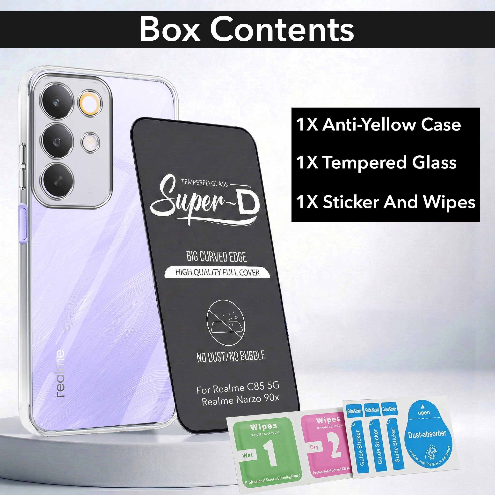 For Realme C85 5G | Realme Narzo 90x Combo with Back Cover and 9H Tempered Glass (Lifetime Anti-Yellow | Sleek Hard Crystal | Oleophobic Coating Screen Glass)