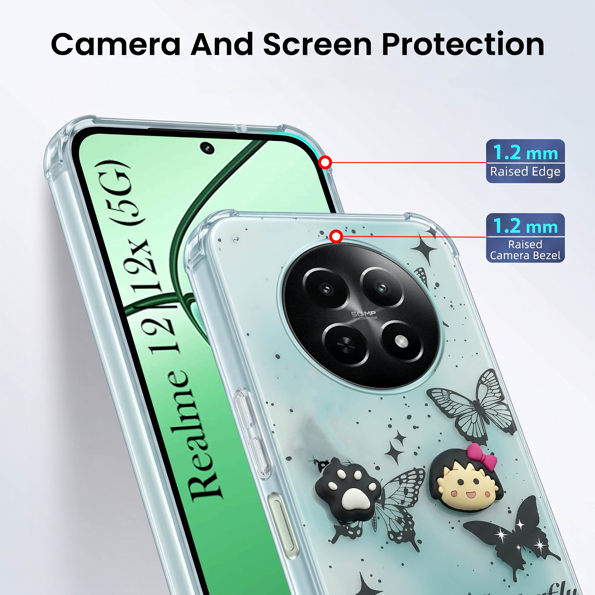 For Realme 12 | Realme 12X Back Cover Case (3D Cute Cartoons | Hard Back Side Soft | Matte Premium Finish | HD Printing)