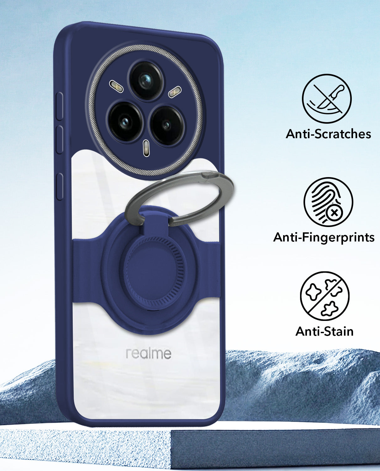 For Realme 14 Pro Plus 5G Back Cover Case with stand (Built-in Ring Holder Kickstand | Lifetime Anti Yellow | Camera Protection)