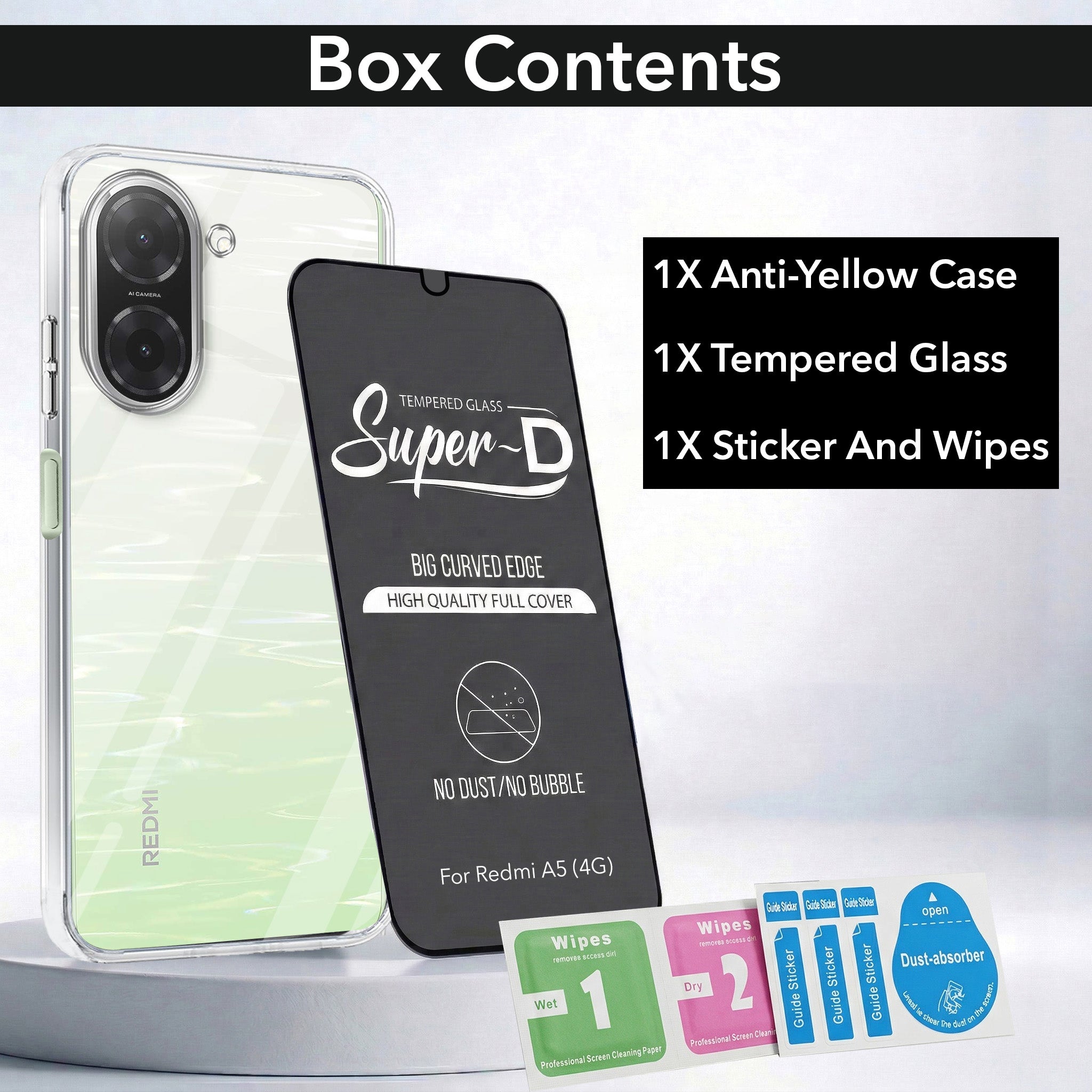For Redmi A5 4G Combo with Back Cover and 9H Tempered Glass (Lifetime Anti-Yellow | Sleek Hard Crystal | Oleophobic Coating Screen Glass)