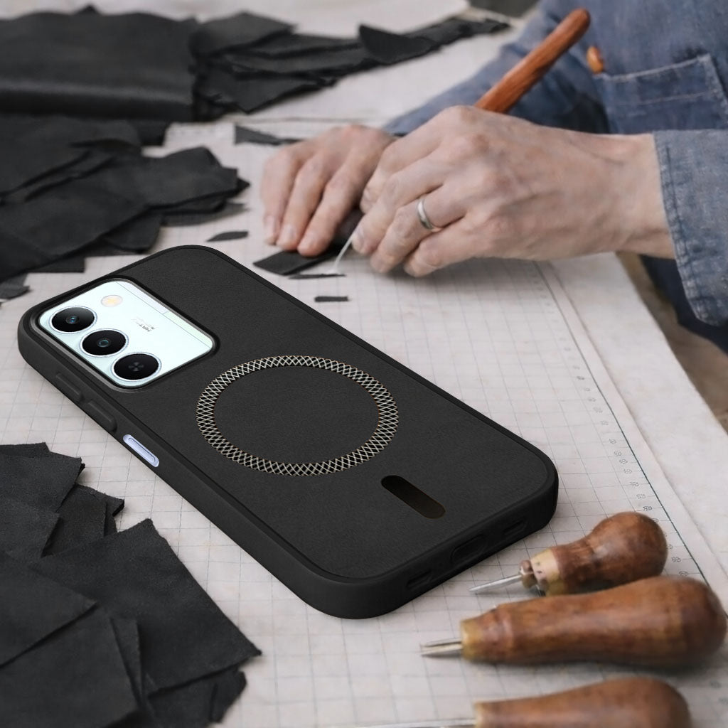 For Realme P4 Lite 5G | Narzo 100 Lite 5G Back Cover Case Leather Finish (MagSafe Compatible Wireless Charging | Soft Touch | Camera Bump Protection)
