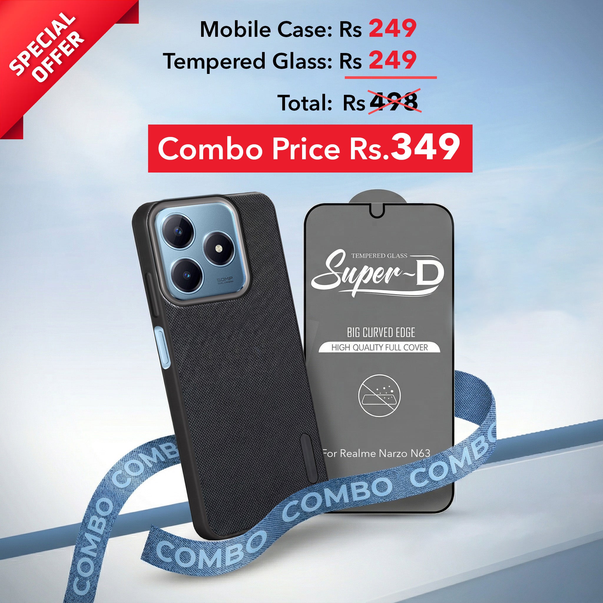 For Realme Narzo N63 Combo with Back Cover and 9H Tempered Glass (Textured Grip Design | Micro-Fiber Cloth Inside | Oleophobic Coating Screen Glass)