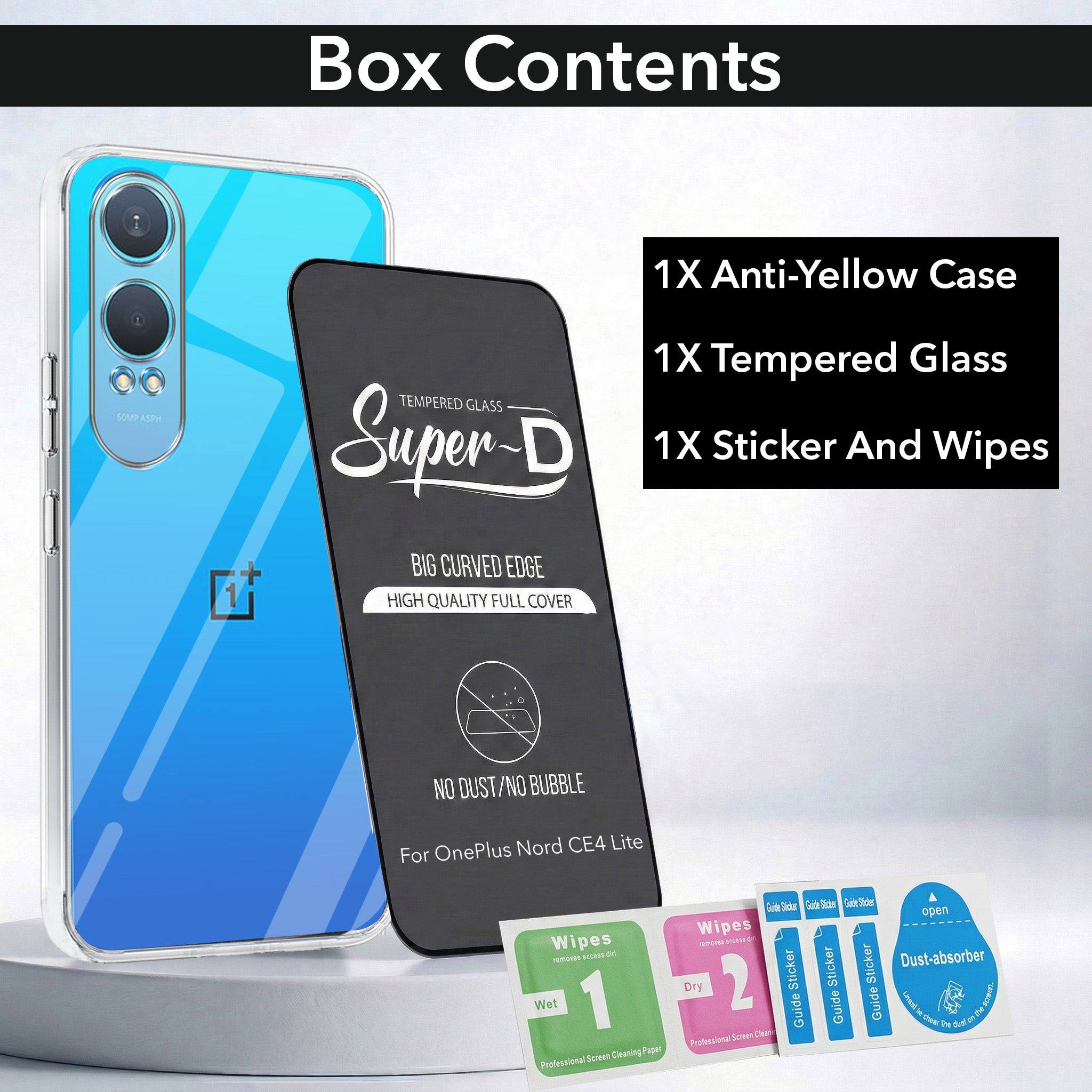 For OnePlus Nord CE 4 Lite Combo with Back Cover and 9H Tempered Glass (Lifetime Anti-Yellow | Sleek Hard Crystal | Oleophobic Coating Screen Glass)