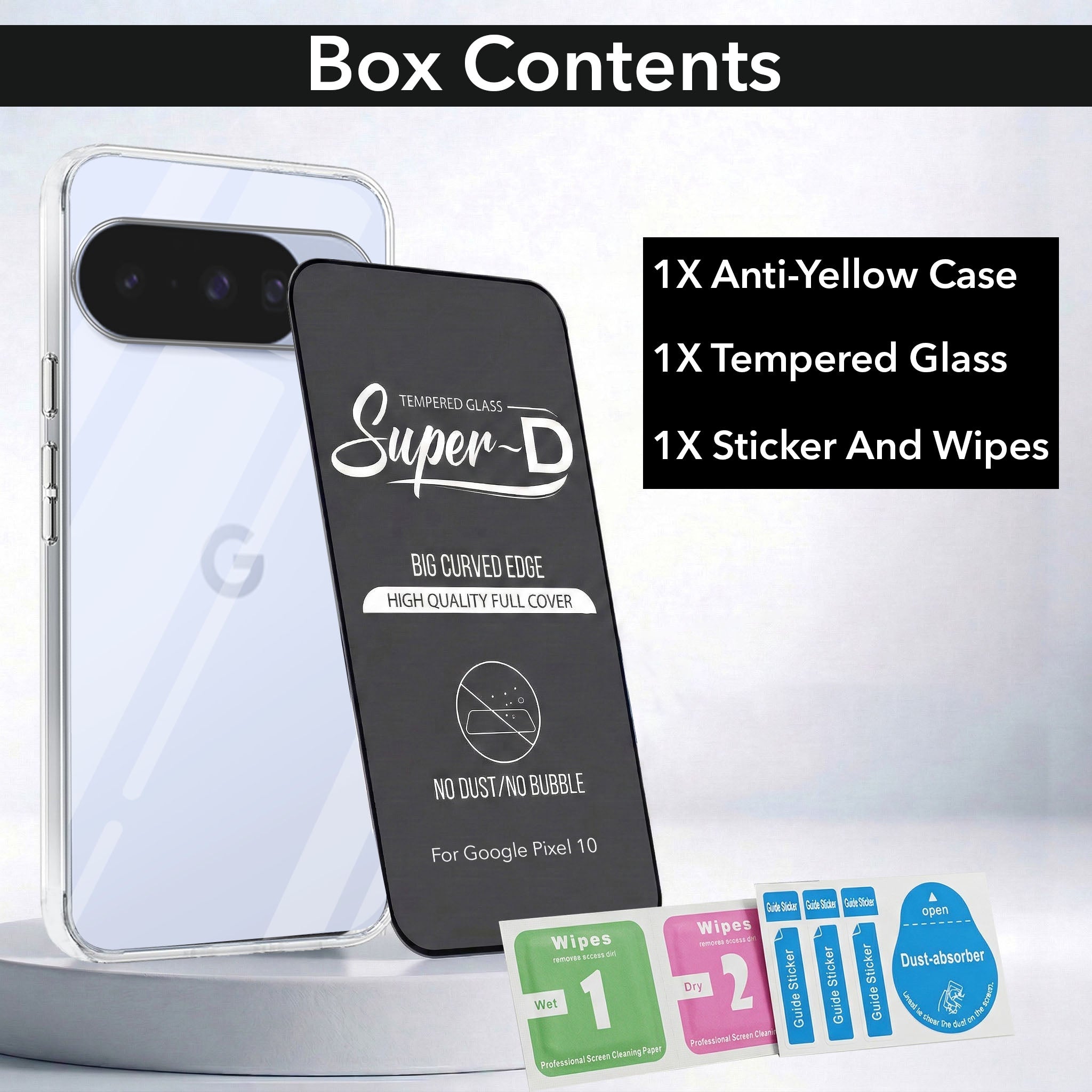For Google Pixel 10 Combo with Back Cover and 9H Tempered Glass (Lifetime Anti-Yellow | Sleek Hard Crystal | Oleophobic Coating Screen Glass)