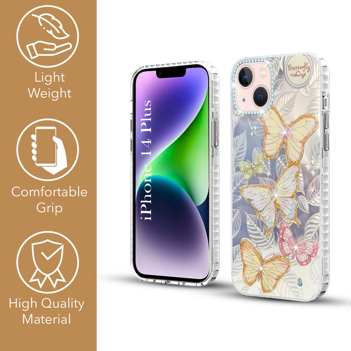 For Apple iPhone 14 Plus Back Cover Case (Luxury Floral Glitter Cute Butterfly | Diamond Studded Camera Bump | Girls & Women Design)