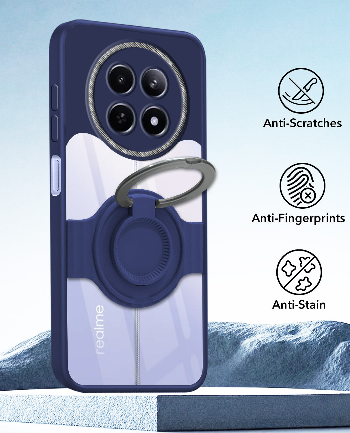 For Realme 12 | Realme 12X Back Cover Case with stand (Built-in Ring Holder Kickstand | Lifetime Anti Yellow | Camera Protection)