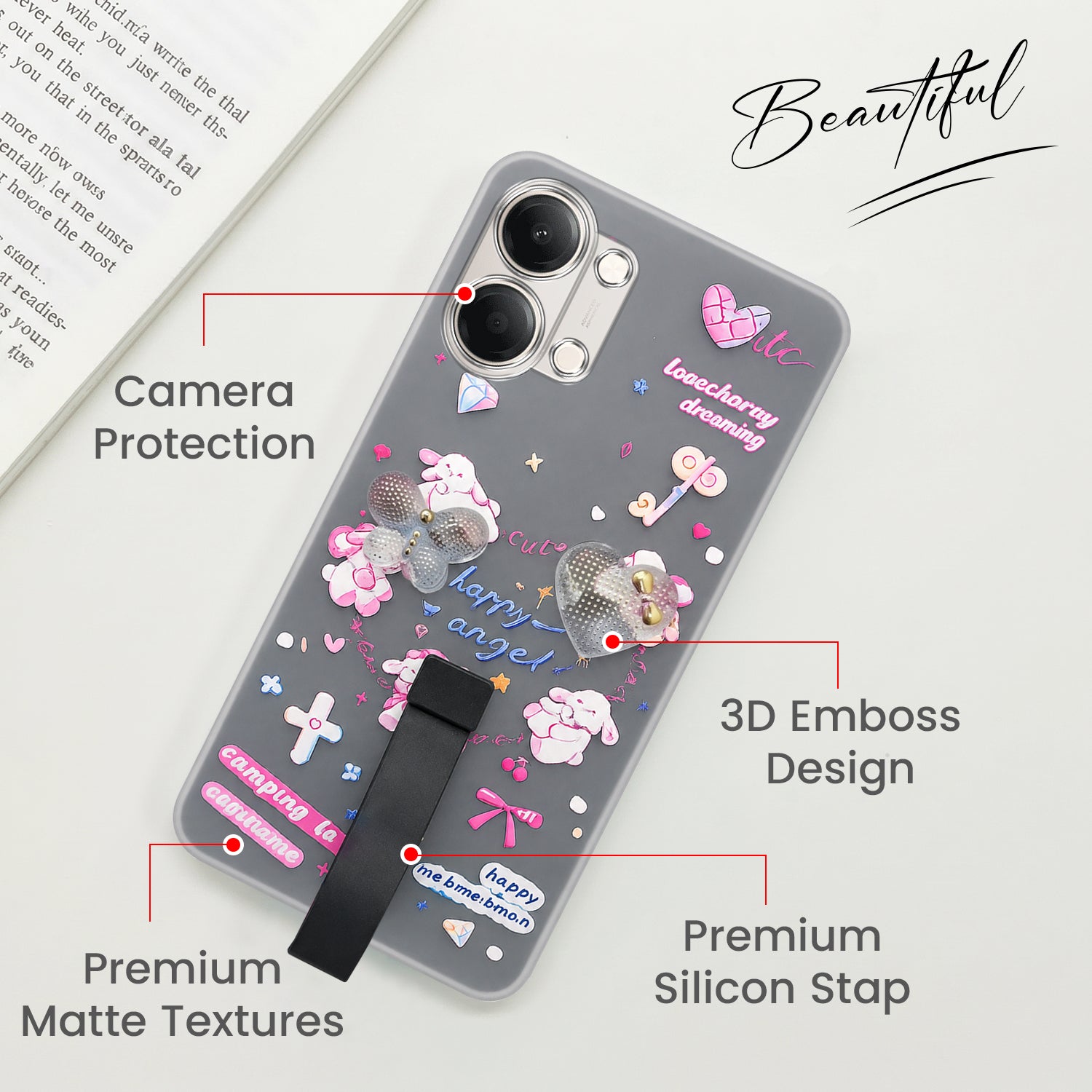 For Vivo Y11 | Vivo Y21 5G Back Cover Case (3D Cute Heart Strap Holder | Camera Protection | Designer Girls Print)