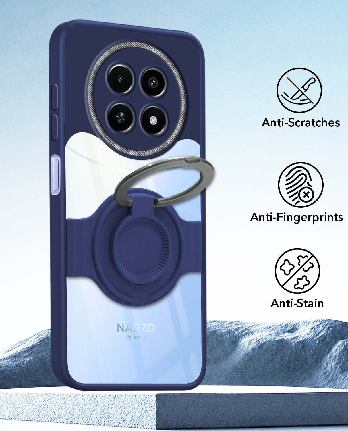 For Realme Narzo 70x 5G Back Cover Case with stand (Built-in Ring Holder Kickstand | Lifetime Anti Yellow | Camera Protection)
