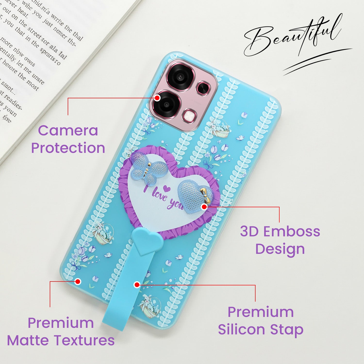For Oppo F31 5G | Oppo F33 5G Back Cover Case (3D Cute Heart Strap Holder | Camera Protection | Designer Girls Print)