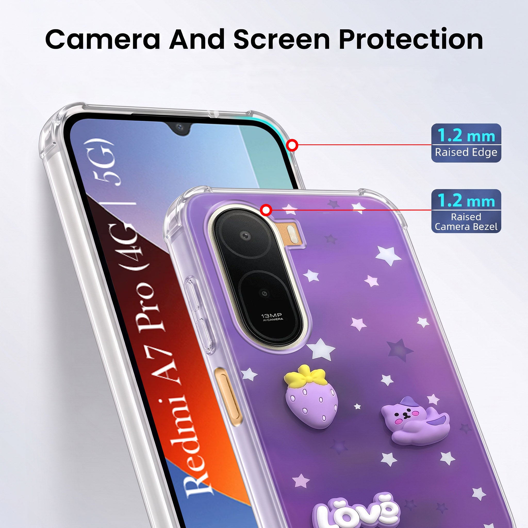 For Redmi A7 Pro 5G Back Cover Case (3D Cute Cartoons | Hard Back Side Soft | Matte Premium Finish | HD Printing)