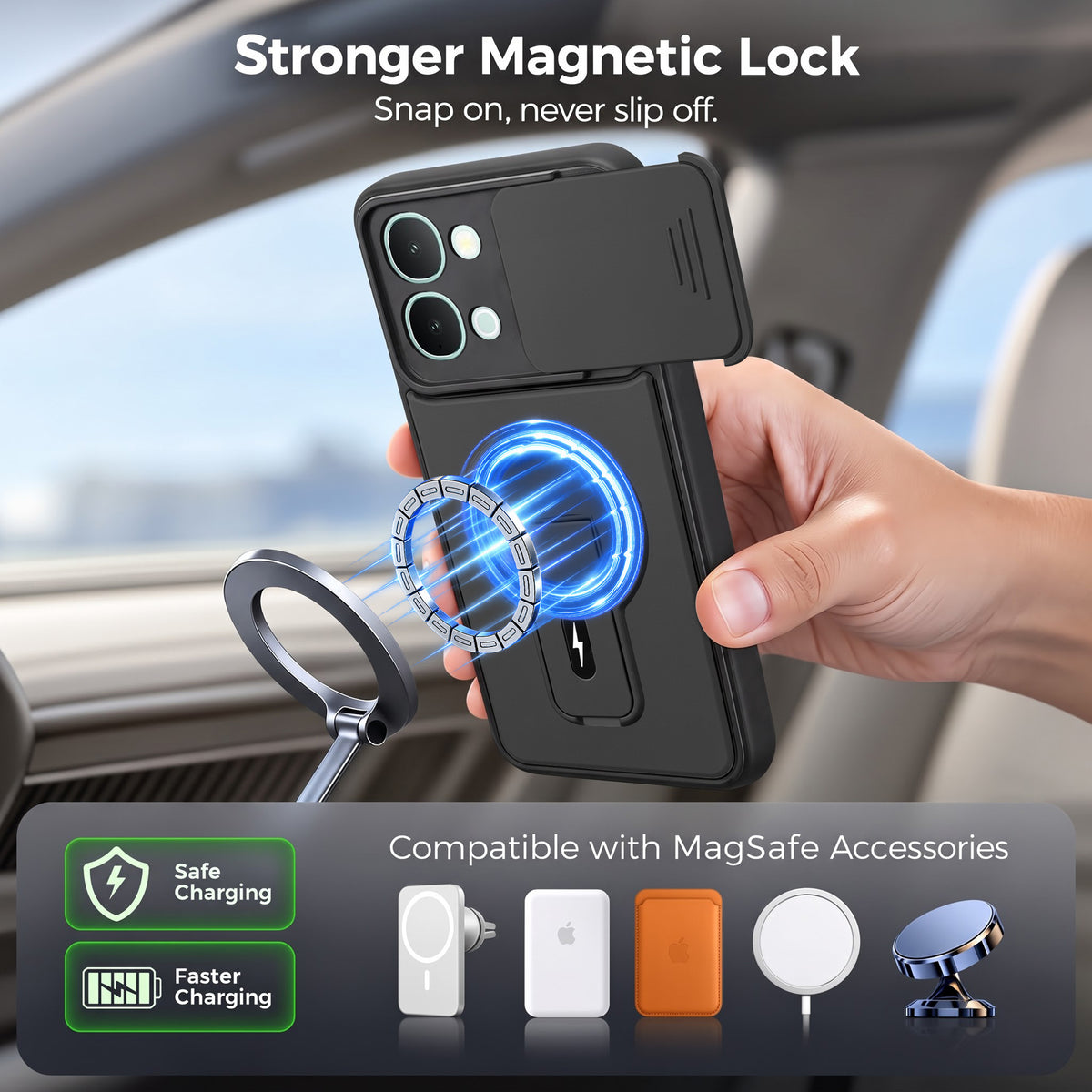 For Vivo iQOO Z11x 5G | Vivo iQOO Z11xa Back Case Cover Metallic (Hybrid Armor Kickstand | Sliding Shutter Camera Protection | MagSafe Compatible)
