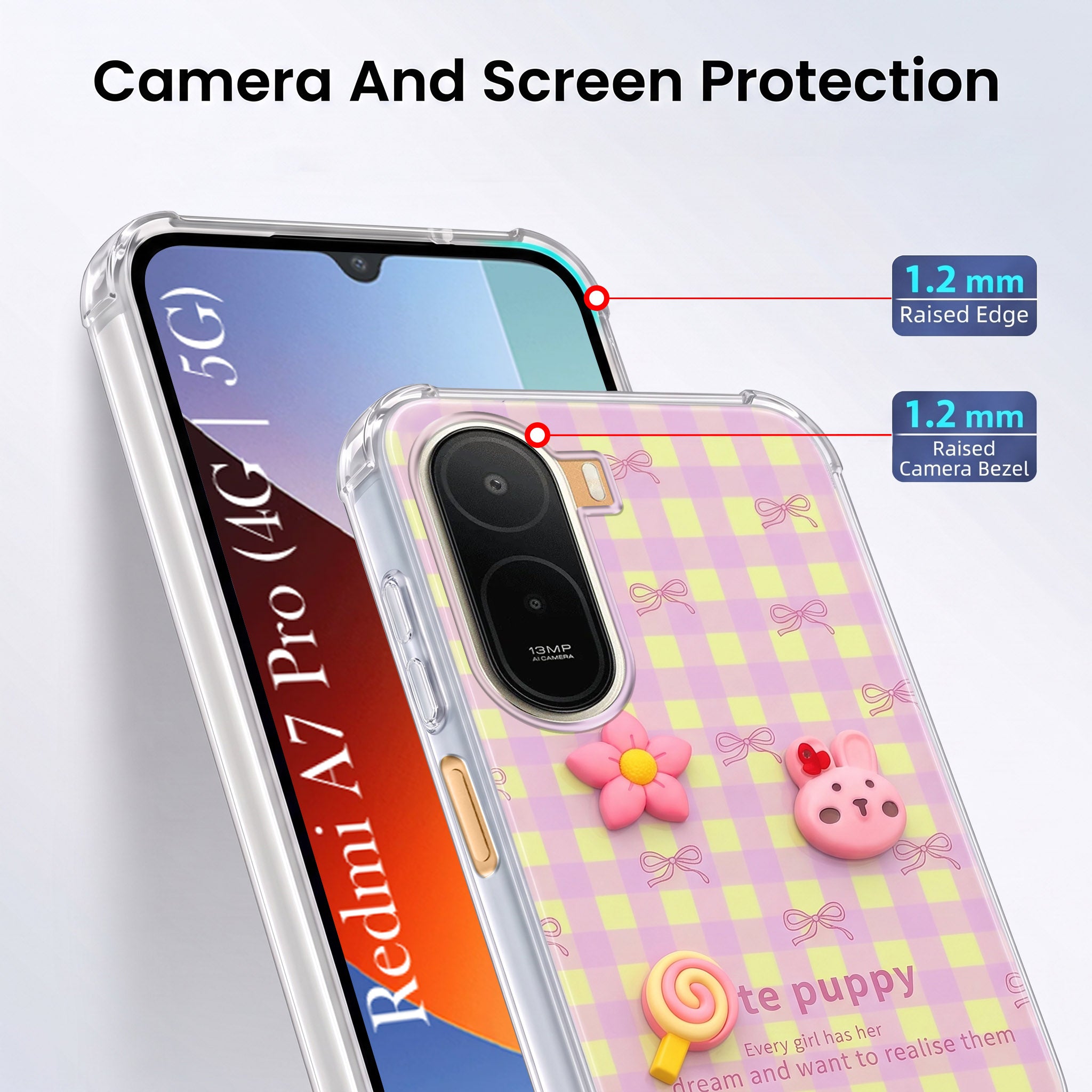 For Redmi A7 Pro 5G Back Cover Case (3D Cute Cartoons | Hard Back Side Soft | Matte Premium Finish | HD Printing)