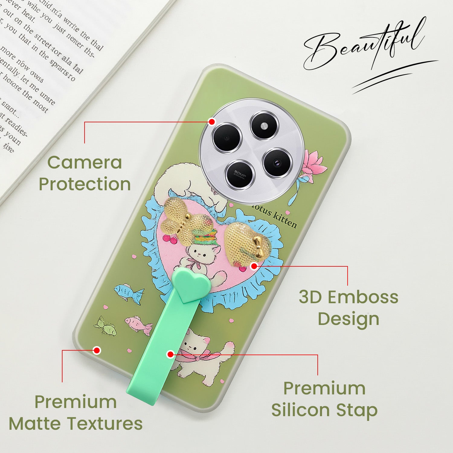 For Redmi A4 5G | Xiaomi Redmi 14C Back Cover Case (3D Cute Heart Strap Holder | Camera Protection | Designer Girls Print)