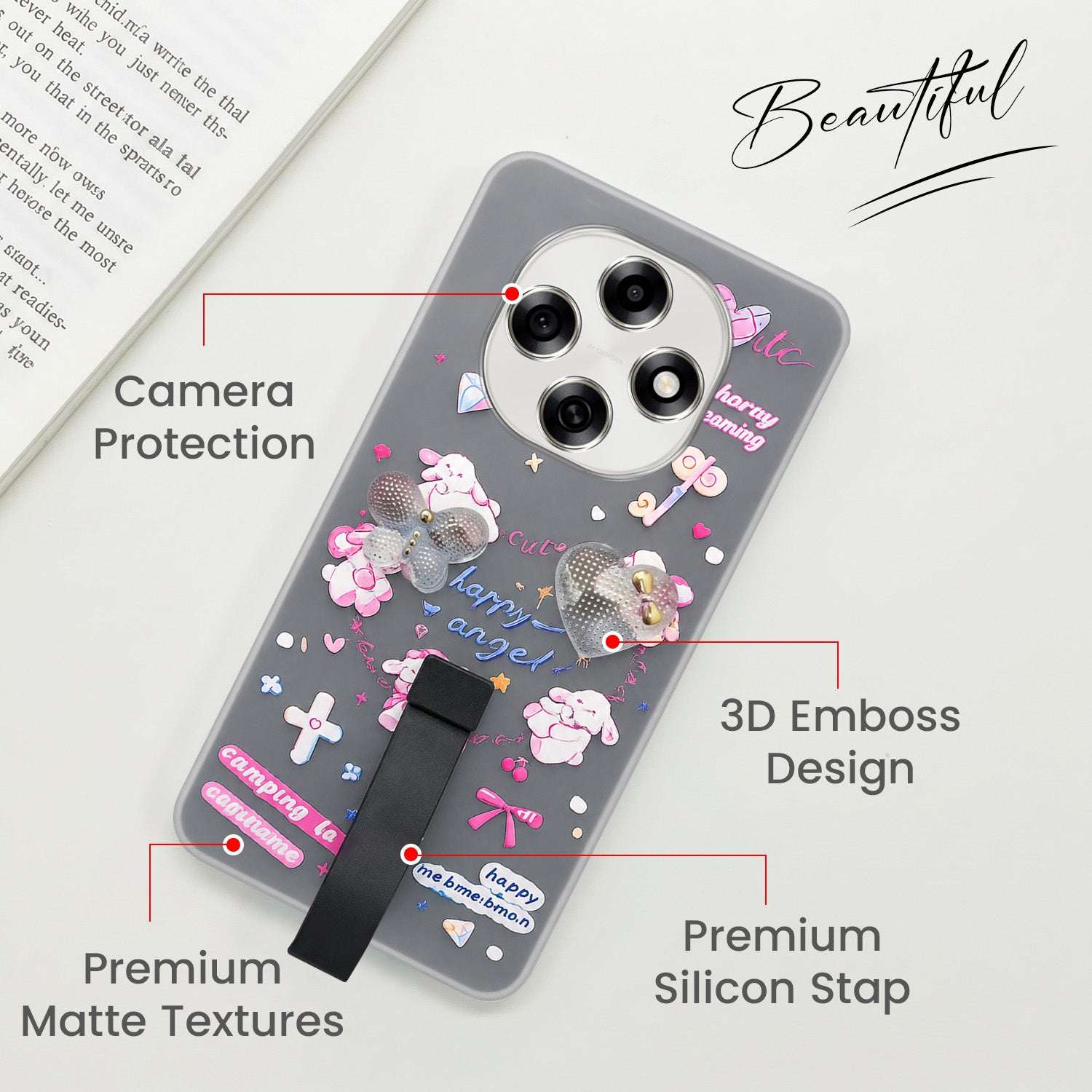 For Oppo F31 Pro Back Cover Case (3D Cute Heart Strap Holder | Camera Protection | Designer Girls Print)