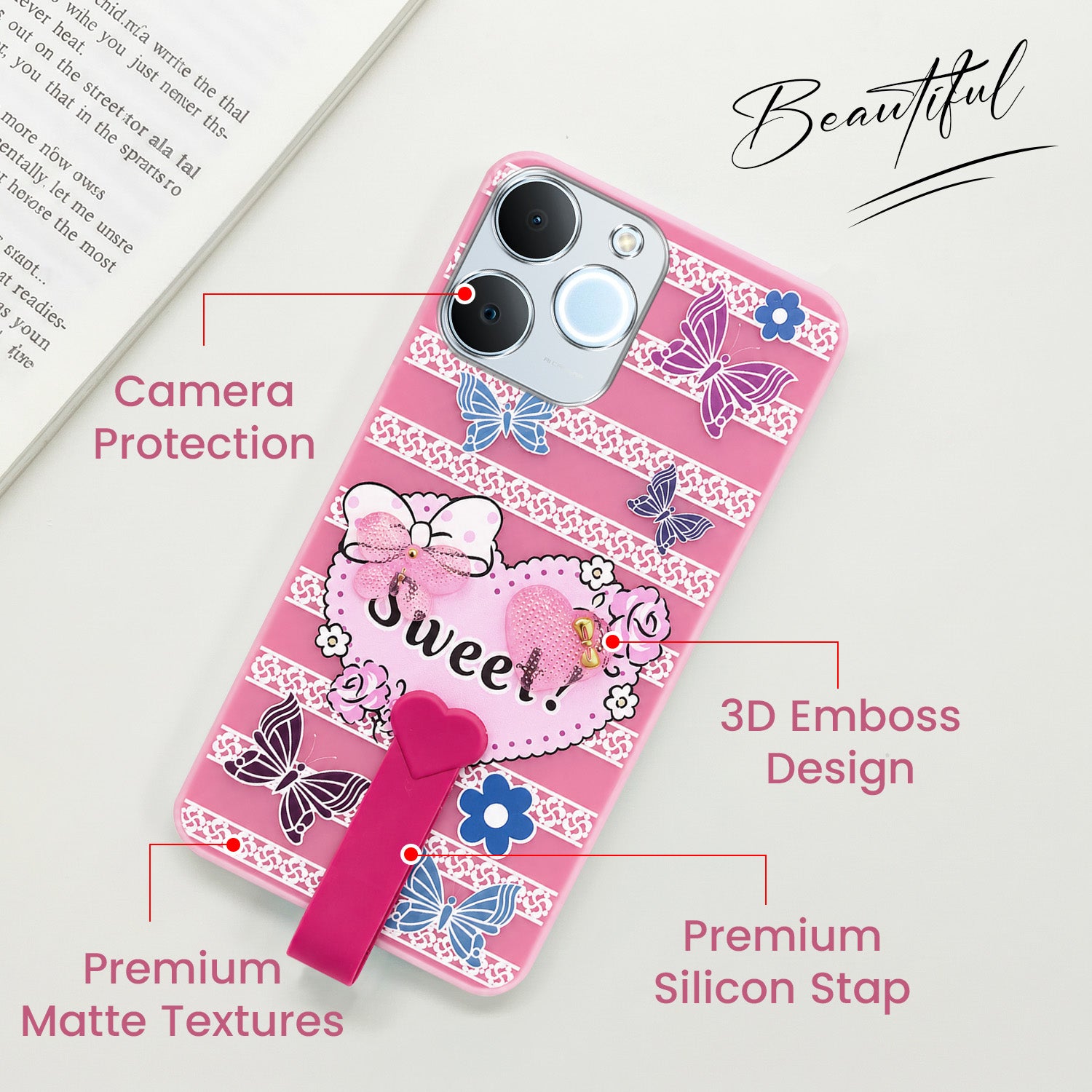 For Realme C71 Back Cover Case (3D Cute Heart Strap Holder | Camera Protection | Designer Girls Print)