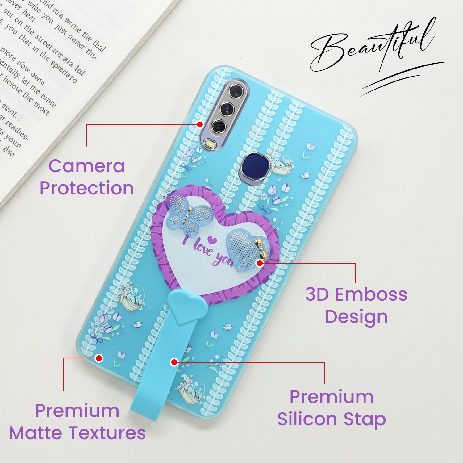 For Vivo Y12 | Y15 | Y17 Back Cover Case (3D Cute Heart Strap Holder | Camera Protection | Designer Girls Print)