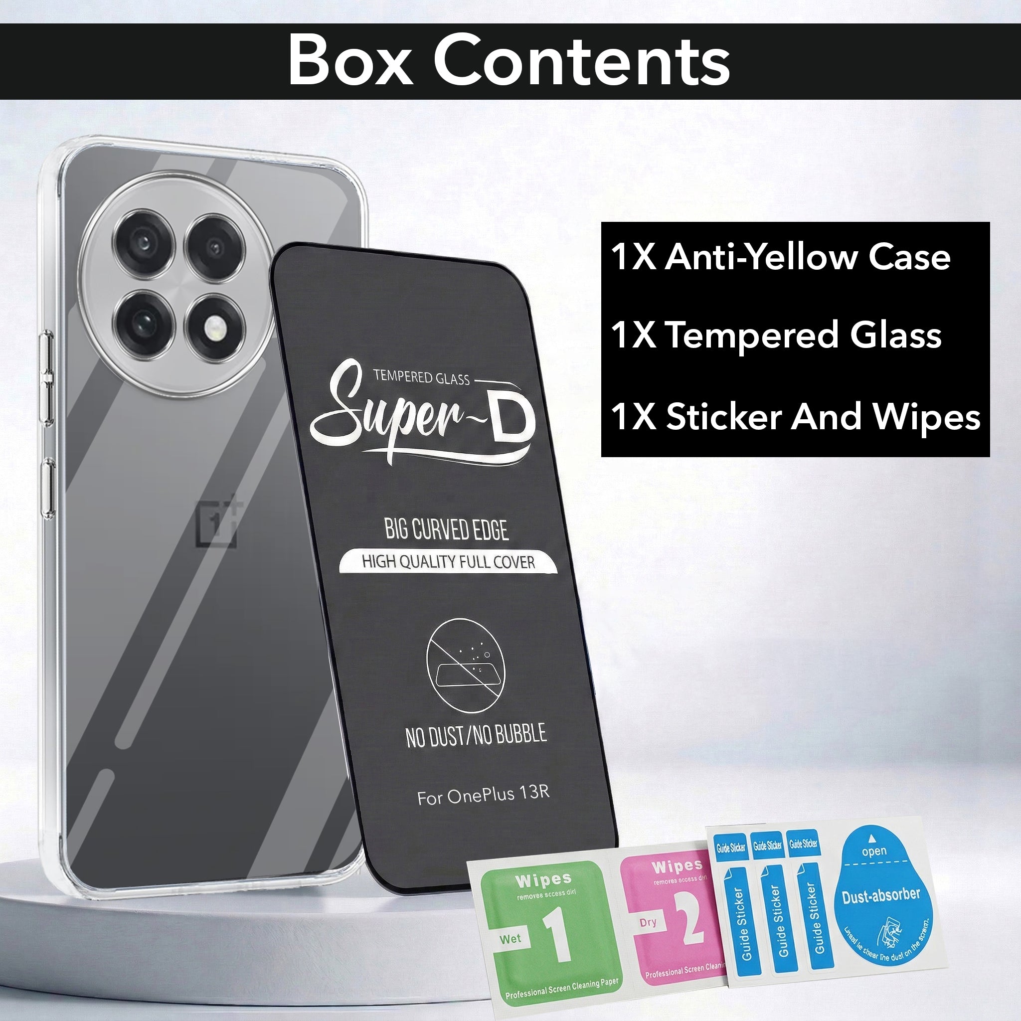 For OnePlus 13R 5G Combo with Back Cover and 9H Tempered Glass (Lifetime Anti-Yellow | Sleek Hard Crystal | Oleophobic Coating Screen Glass)