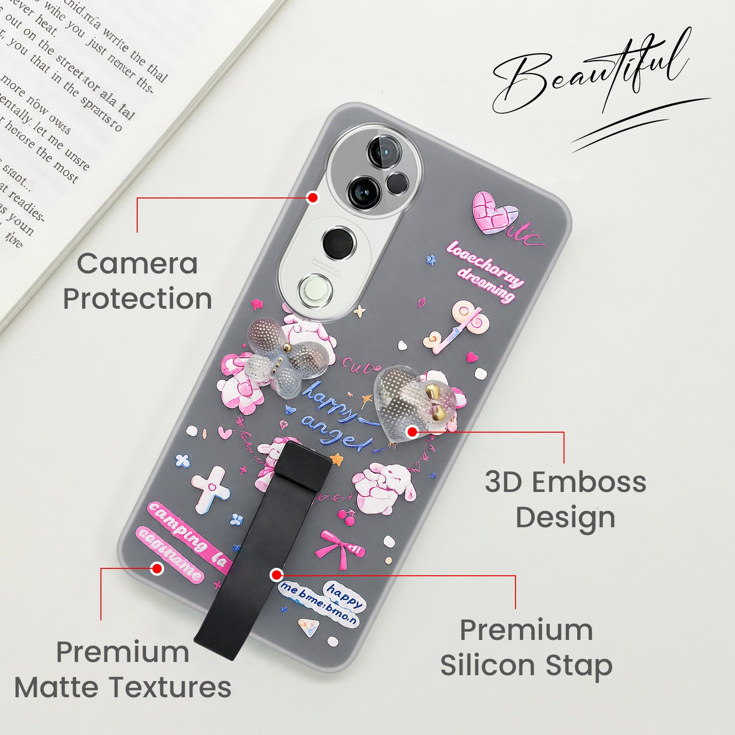 For Vivo T3 Ultra Back Cover Case (3D Cute Heart Strap Holder | Camera Protection | Designer Girls Print)