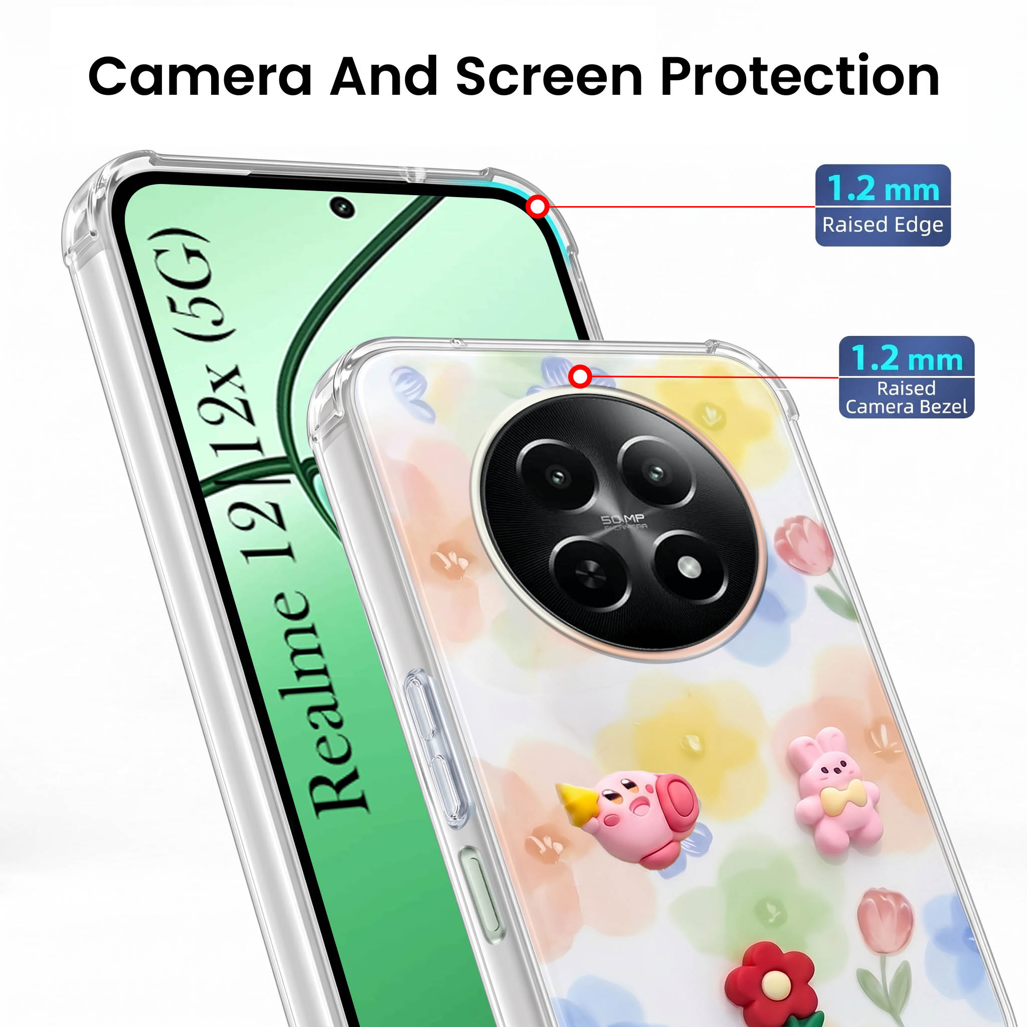 For Realme 12 | Realme 12X Back Cover Case (3D Cute Cartoons | Hard Back Side Soft | Matte Premium Finish | HD Printing)