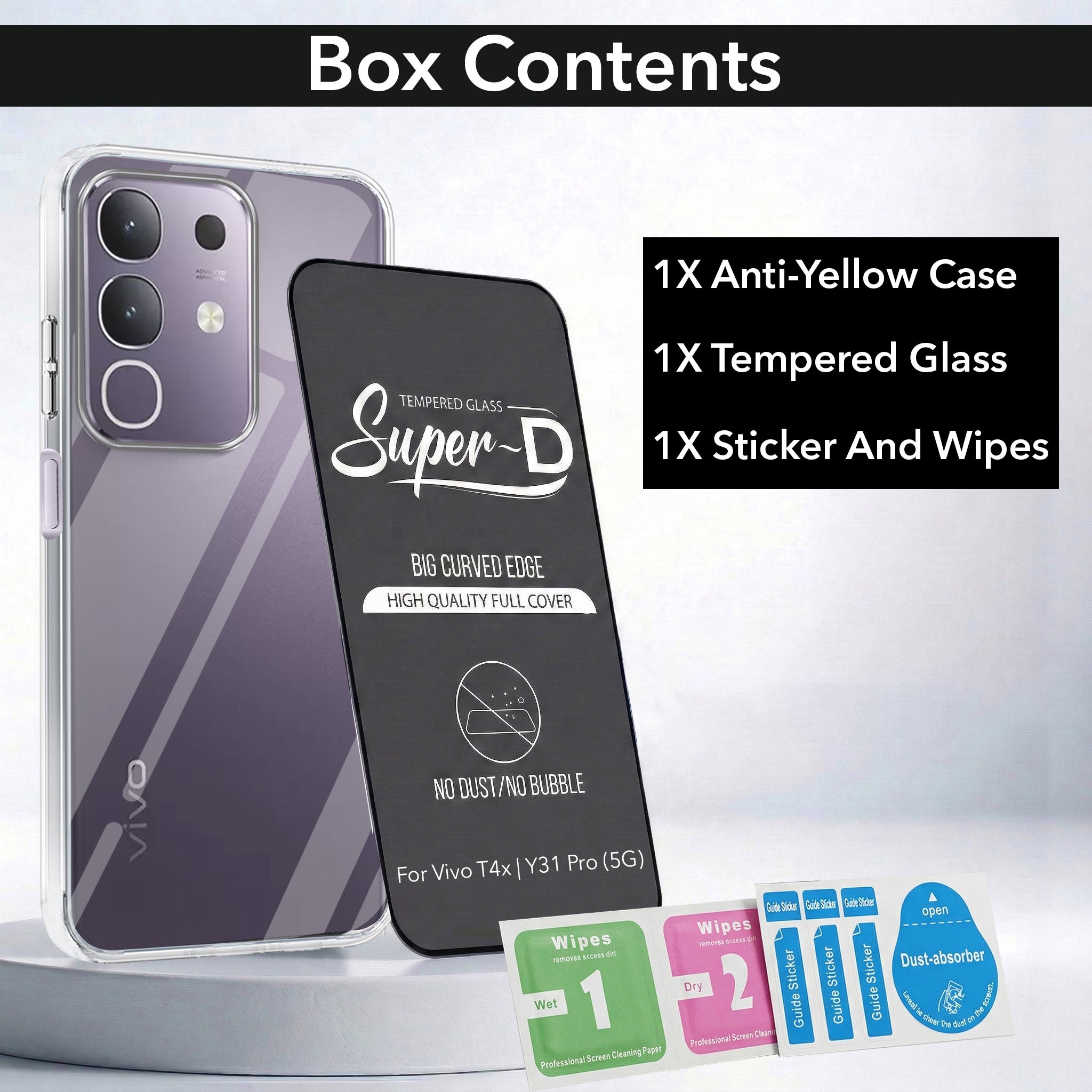 For  Vivo T4x | Vivo Y31 Pro Combo with Back Cover and 9H Tempered Glass (Lifetime Anti-Yellow | Sleek Hard Crystal | Oleophobic Coating Screen Glass)