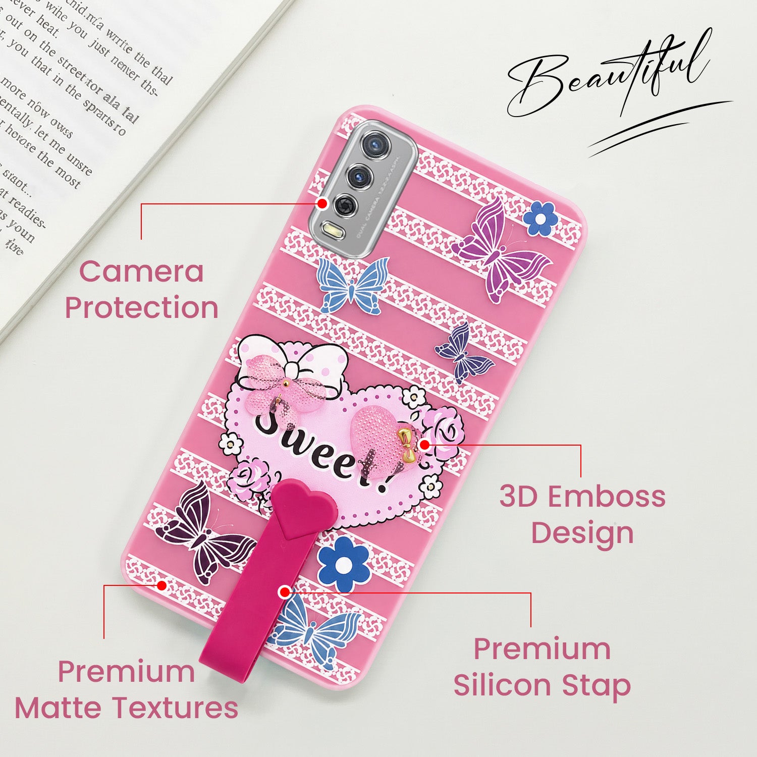 For Vivo Y12s | Y11s | Y12G Back Cover Case (3D Cute Heart Strap Holder | Camera Protection | Designer Girls Print)