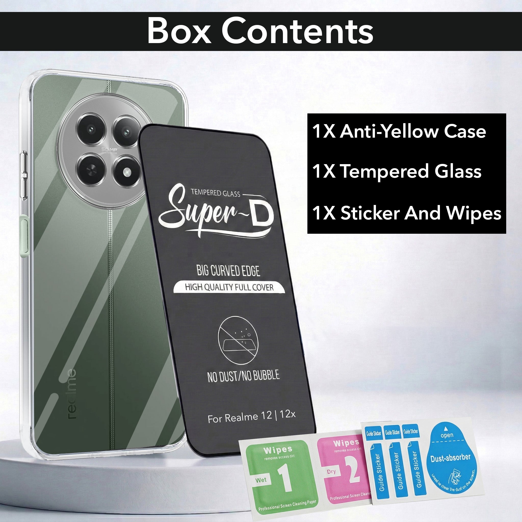For Realme 12 | Realme 12X Combo with Back Cover and 9H Tempered Glass (Lifetime Anti-Yellow | Sleek Hard Crystal | Oleophobic Coating Screen Glass)