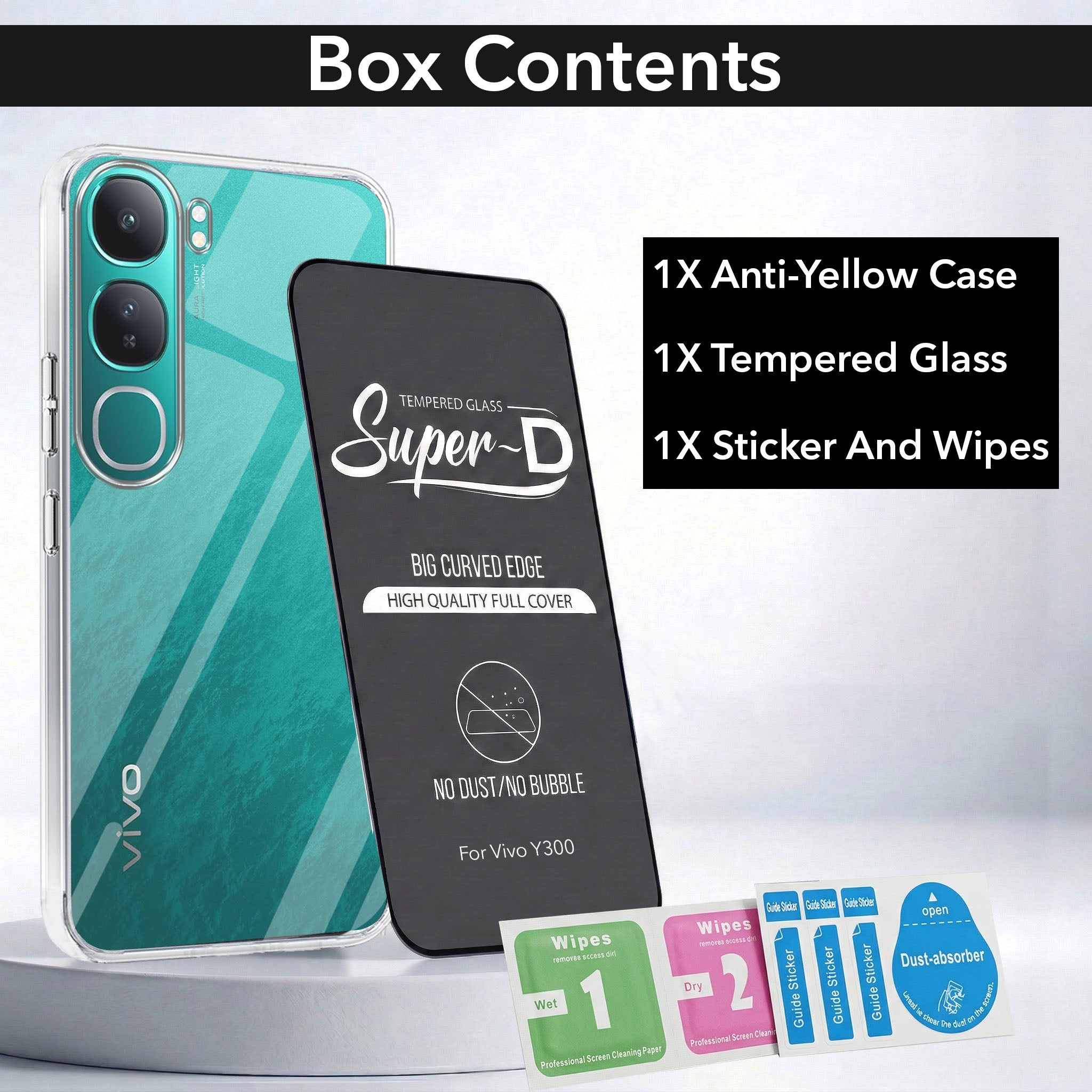 For Vivo Y300 Combo with Back Cover and 9H Tempered Glass ( Lifetime Anti-Yellow | Sleek Hard Crystal | Oleophobic Coating Screen Glass)