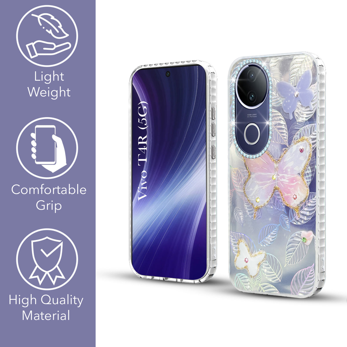For Vivo T4R Back Cover Case (Luxury Floral Glitter Cute Butterfly | Diamond Studded Camera Bump | Girls & Women Design)