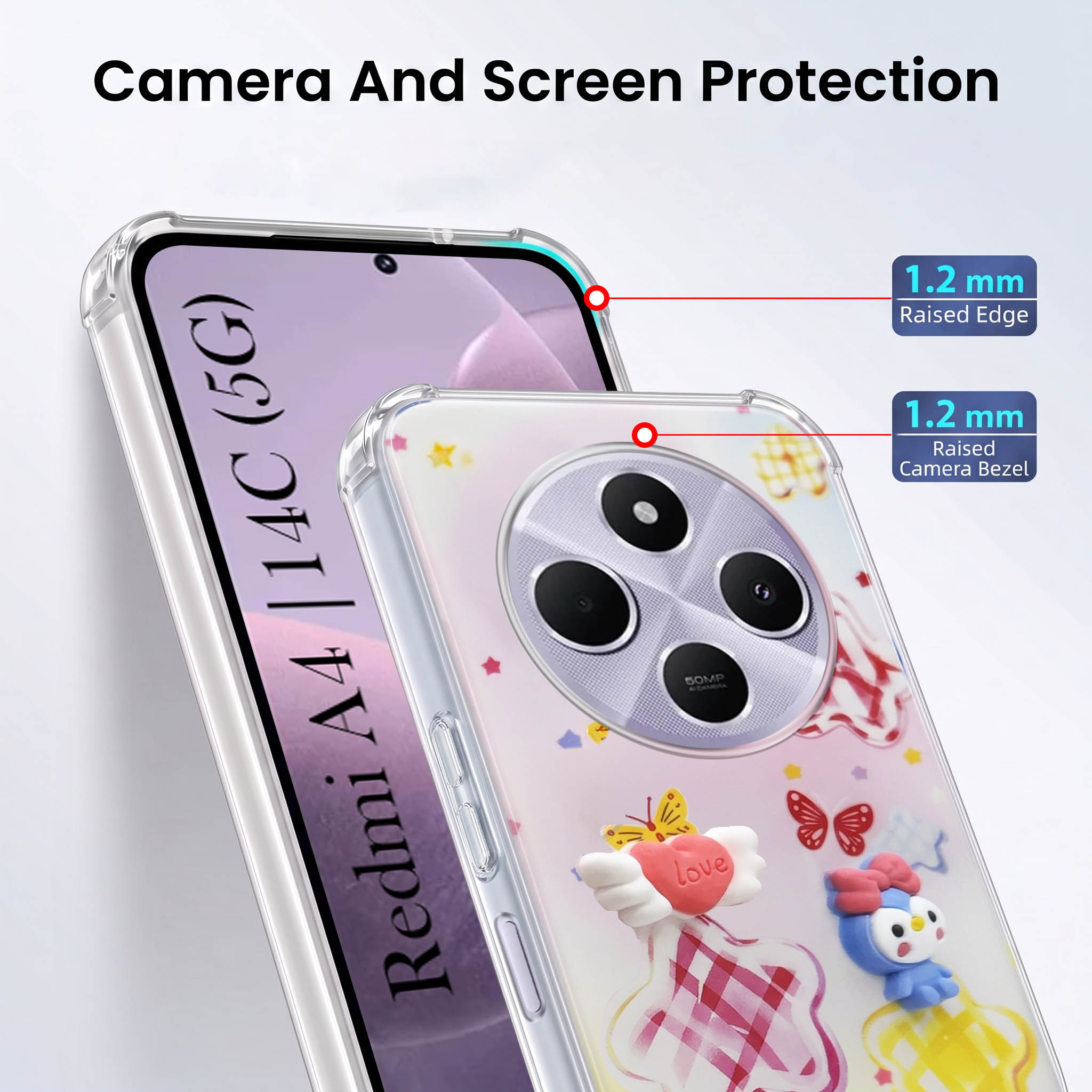 For Redmi A4 5G | Xiaomi Redmi 14C Back Cover Case (3D Cute Cartoons | Hard Back Side Soft | Matte Premium Finish | HD Printing)