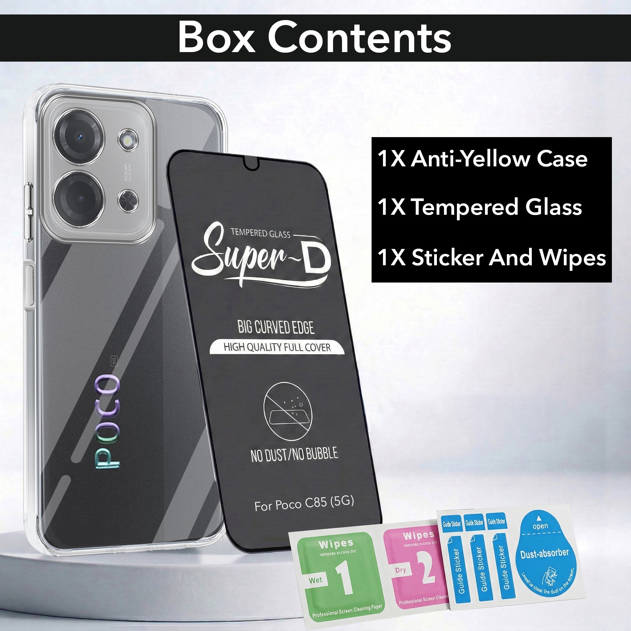 For Poco C85 5G Combo with Back Cover and 9H Tempered Glass (Lifetime Anti-Yellow | Sleek Hard Crystal | Oleophobic Coating Screen Glass)