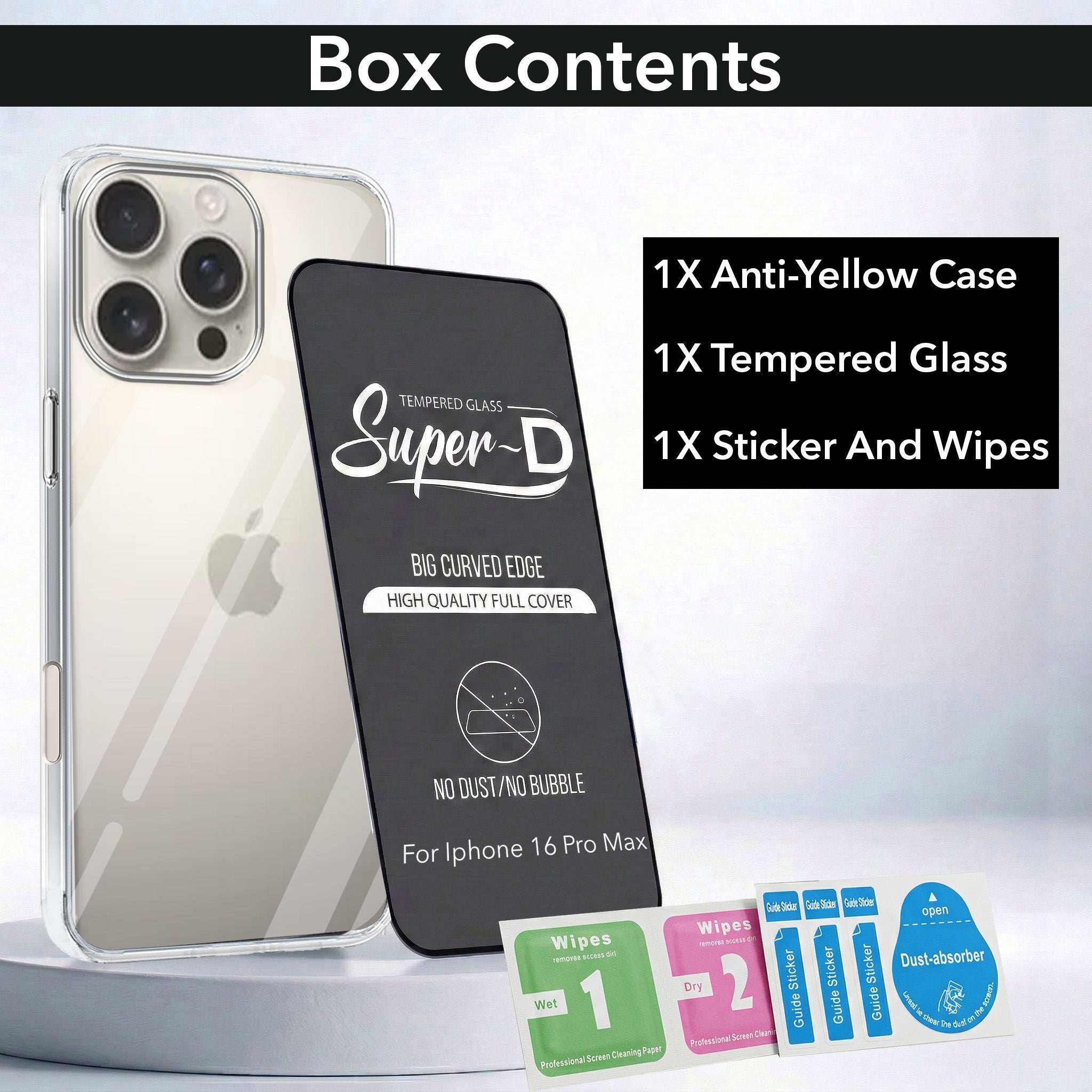 For Apple iPhone 16 Pro Max Combo with Back Cover and 9H Tempered Glass (Lifetime Anti-Yellow | Sleek Hard Crystal | Oleophobic Coating Screen Glass)