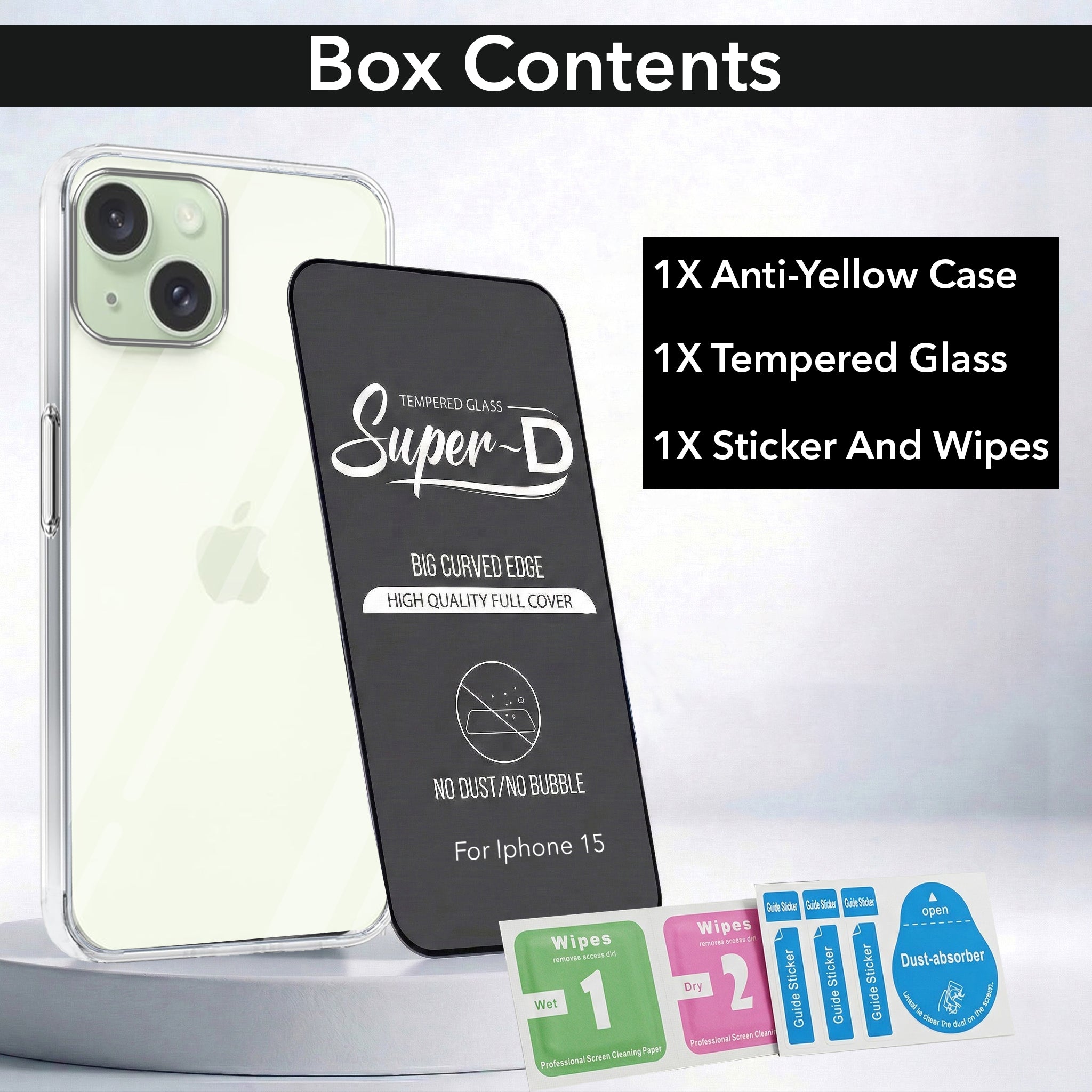 For Apple iPhone 15 Combo with Back Cover and 9H Tempered Glass (Lifetime Anti-Yellow | Sleek Hard Crystal | Oleophobic Coating Screen Glass)