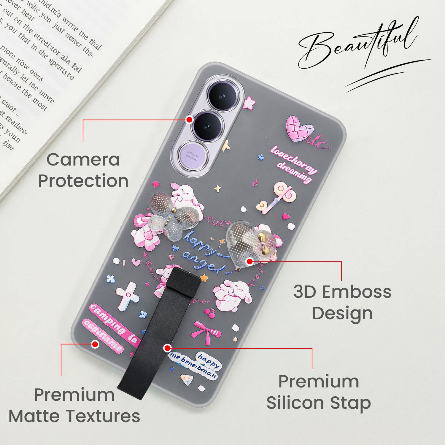 For Vivo V70 FE 5G Back Cover Case (3D Cute Heart Strap Holder | Camera Protection | Designer Girls Print)