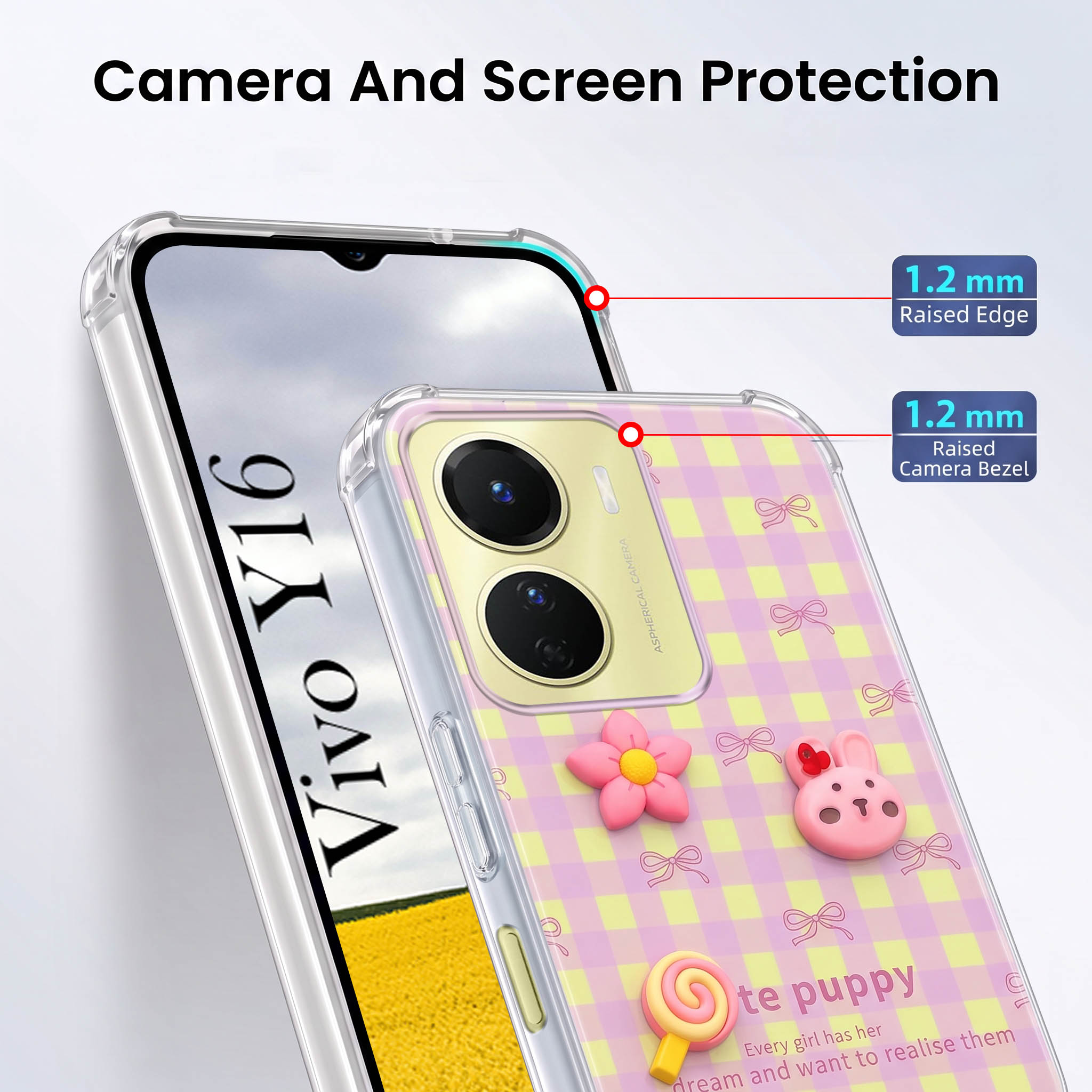 For Vivo Y16 Back Cover Case (3D Cute Cartoons | Hard Back Side Soft | Matte Premium Finish | HD Printing)