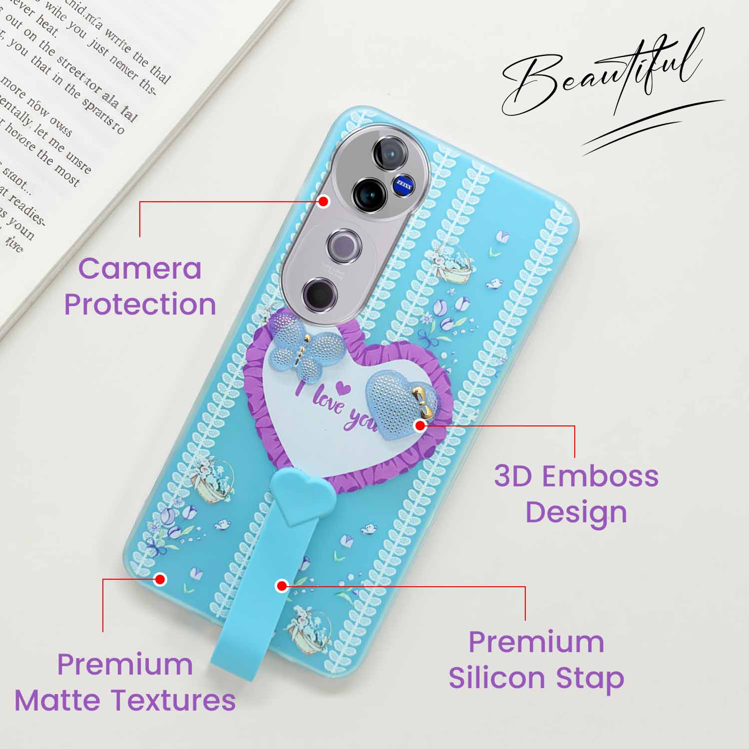 For Vivo V40 | Vivo V40 Pro 5G Back Cover Case (3D Cute Heart Strap Holder | Camera Protection | Designer Girls Print)