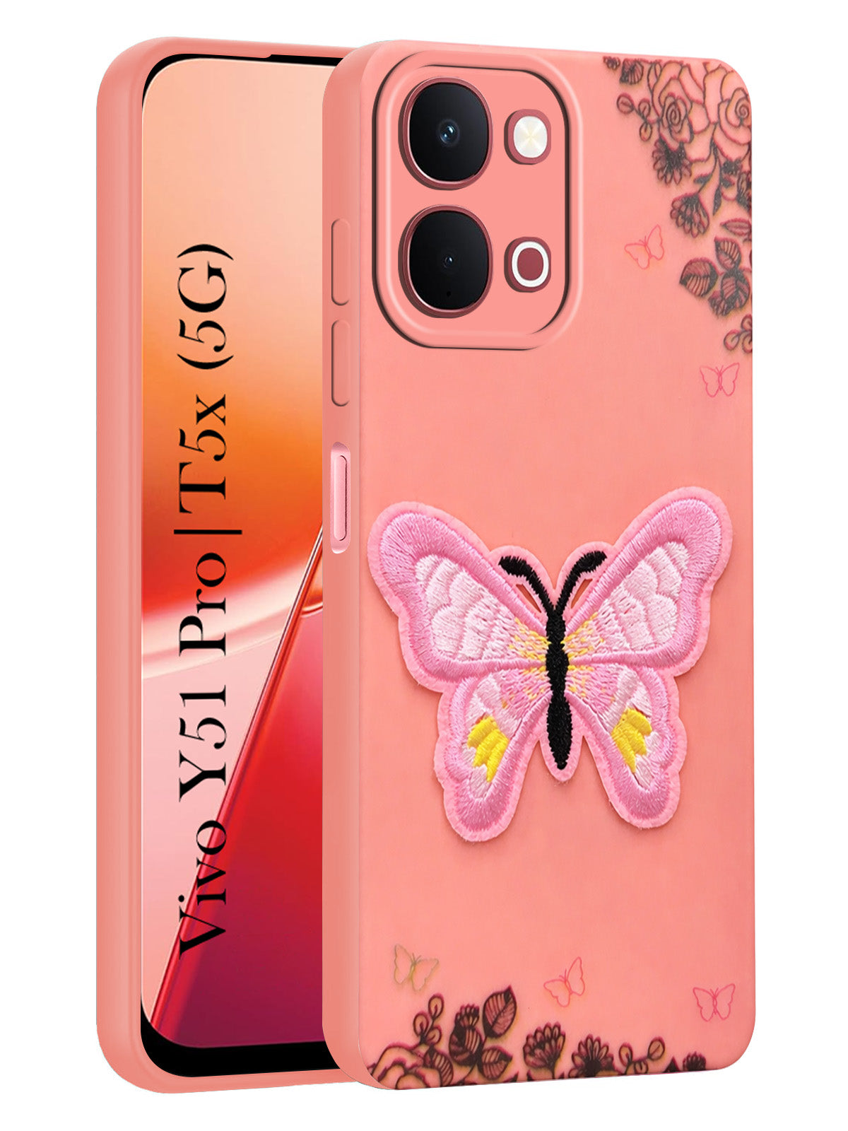 For Vivo Y51 Pro 5G | Vivo T5x Back Cover Case (Soft Butterfly Embroidery | Women Teen Girls | Camera Protection| Matte Silicone)