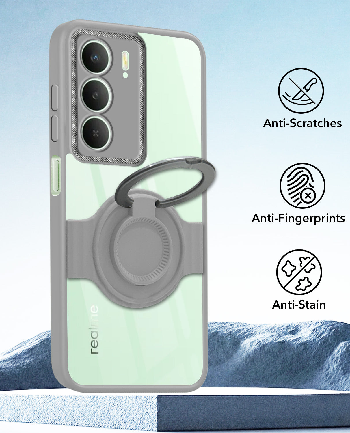 For Realme C73 Back Cover Case with stand (Built-in Ring Holder Kickstand | Lifetime Anti Yellow | Camera Protection)