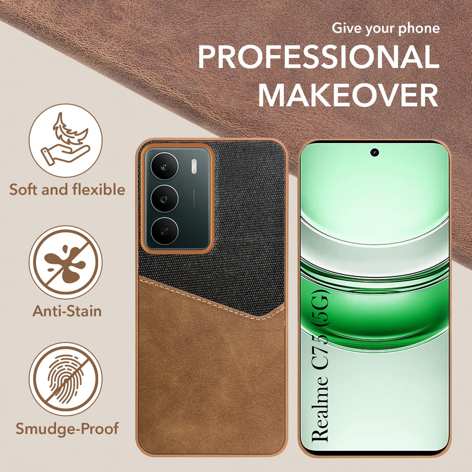 For Realme C75 5G Back Cover Case (Dual PU Leather Stitch | Professional Minimalist | Soft and Flexible)