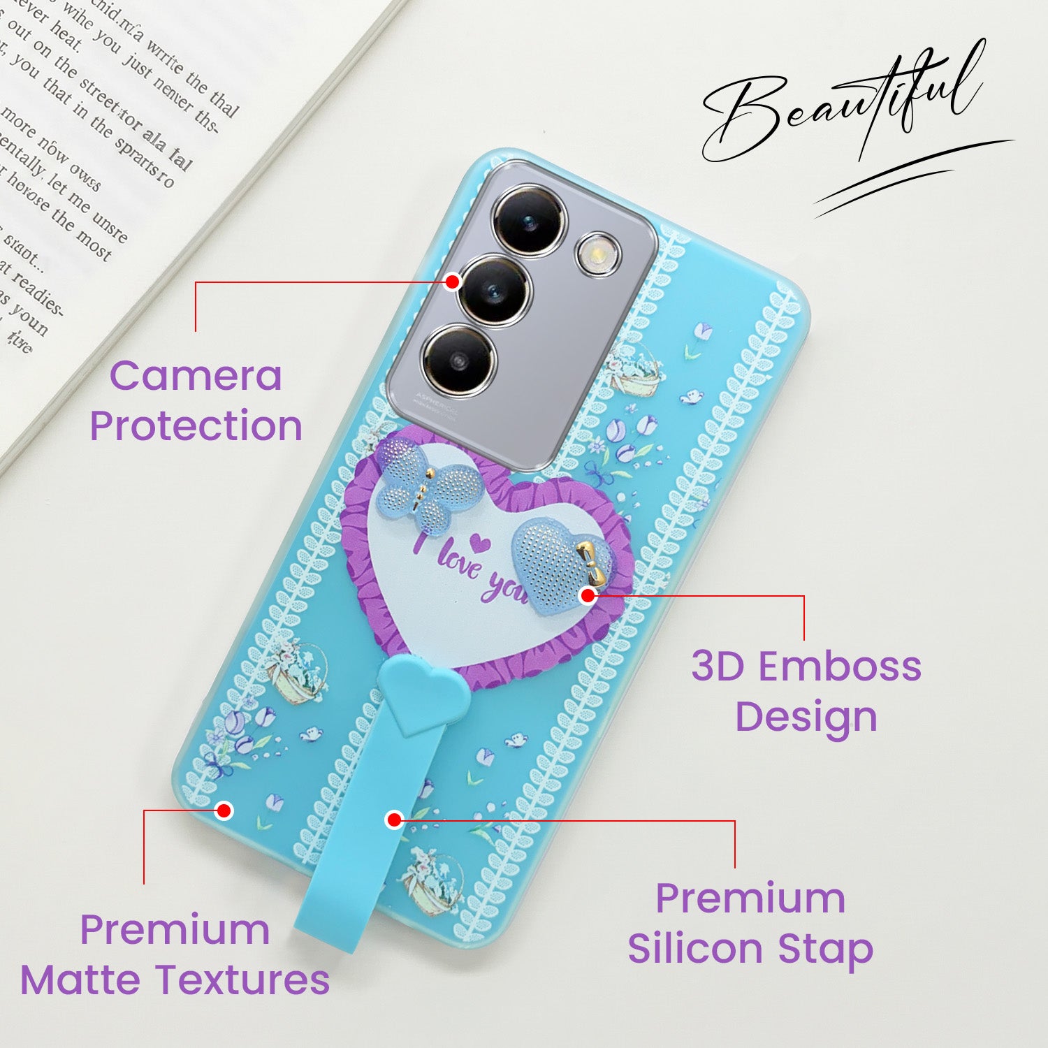 For Vivo T3 5G Back Cover Case (3D Cute Heart Strap Holder | Camera Protection | Designer Girls Print)