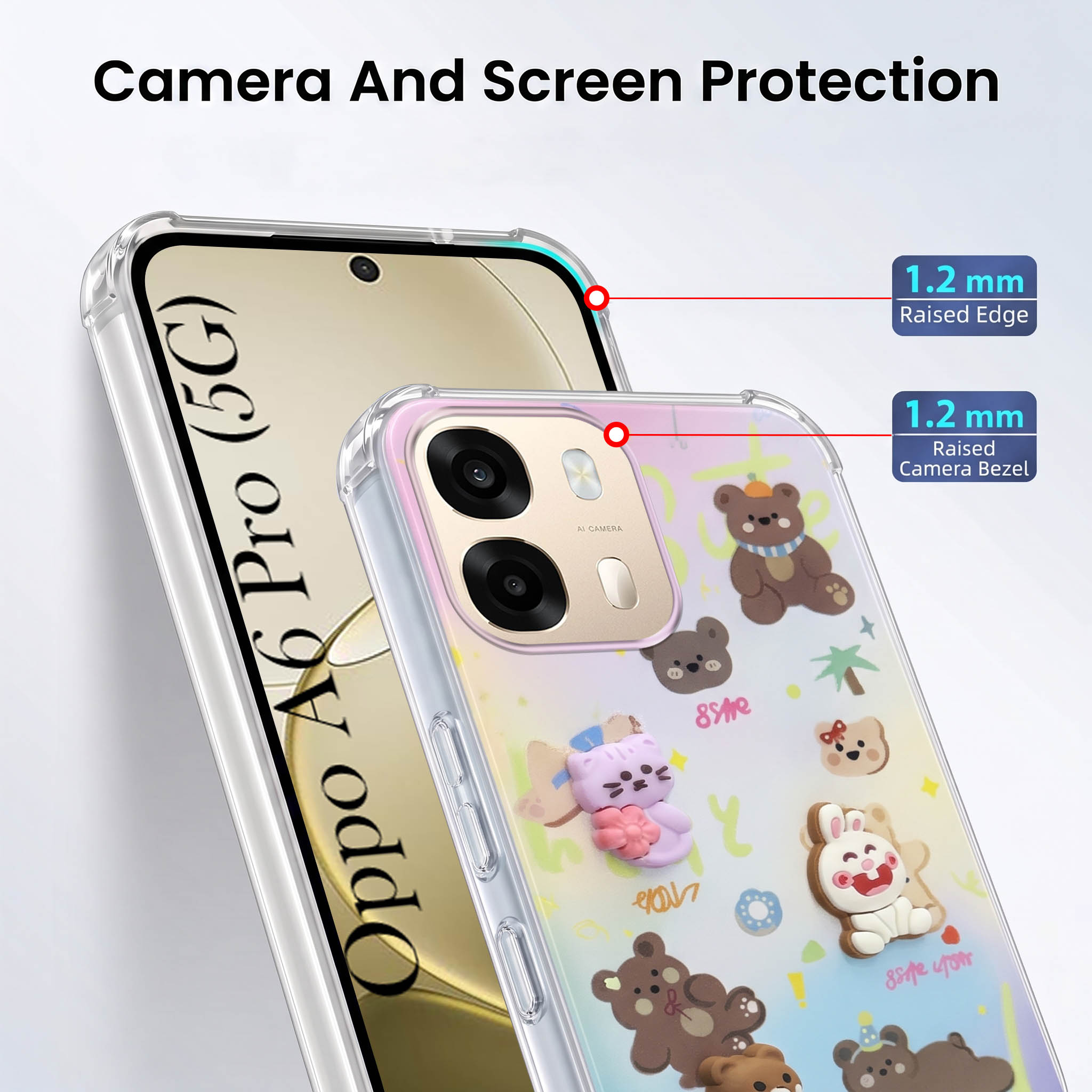 For Oppo A6 Pro Back Cover Case (3D Cute Cartoons | Hard Back Side Soft | Matte Premium Finish | HD Printing)